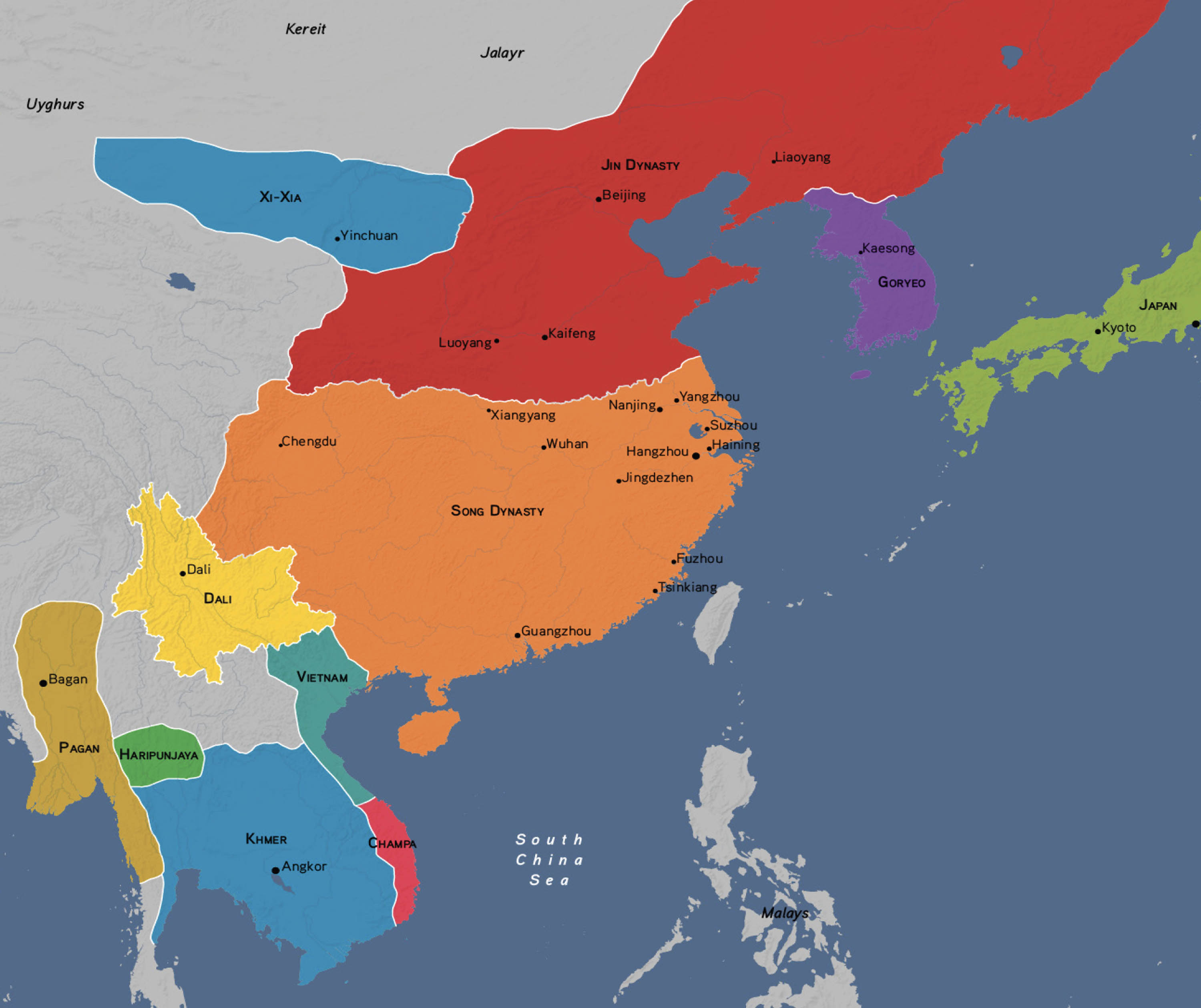 Map of China showing Song Dynasty territory and the territories of neighboring states.