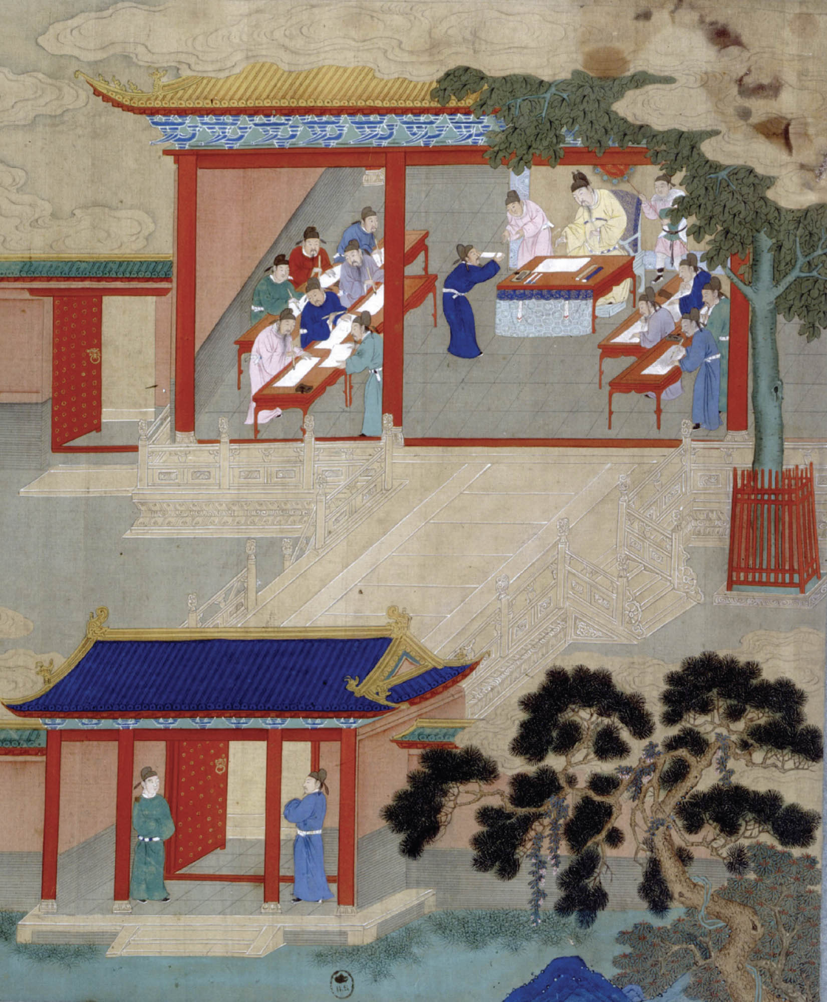 Painting of Chinese officials sitting around tables reading from papers and talking amongst themselves.