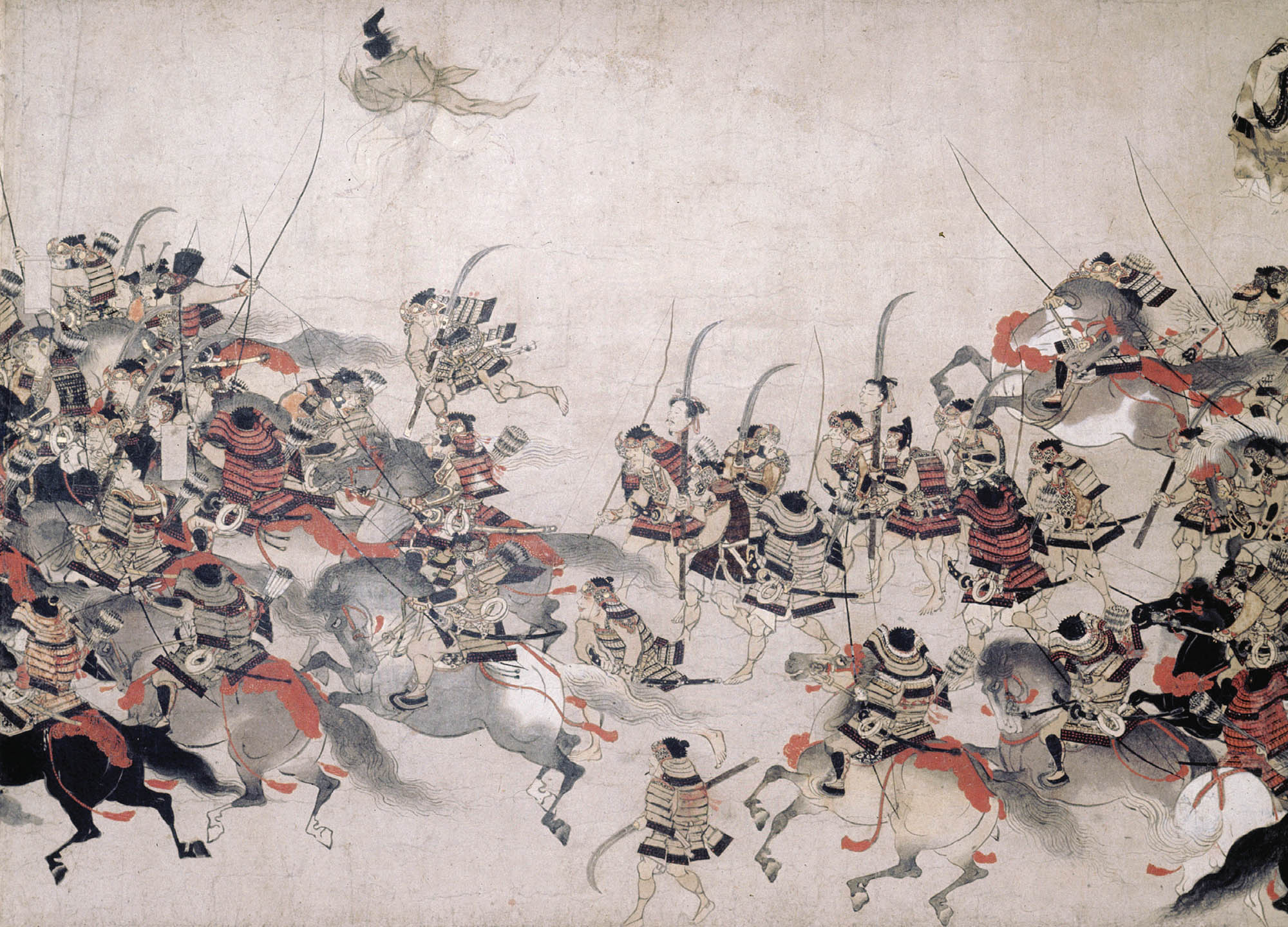 Painting depicting Japanese samurai engaged in battle.