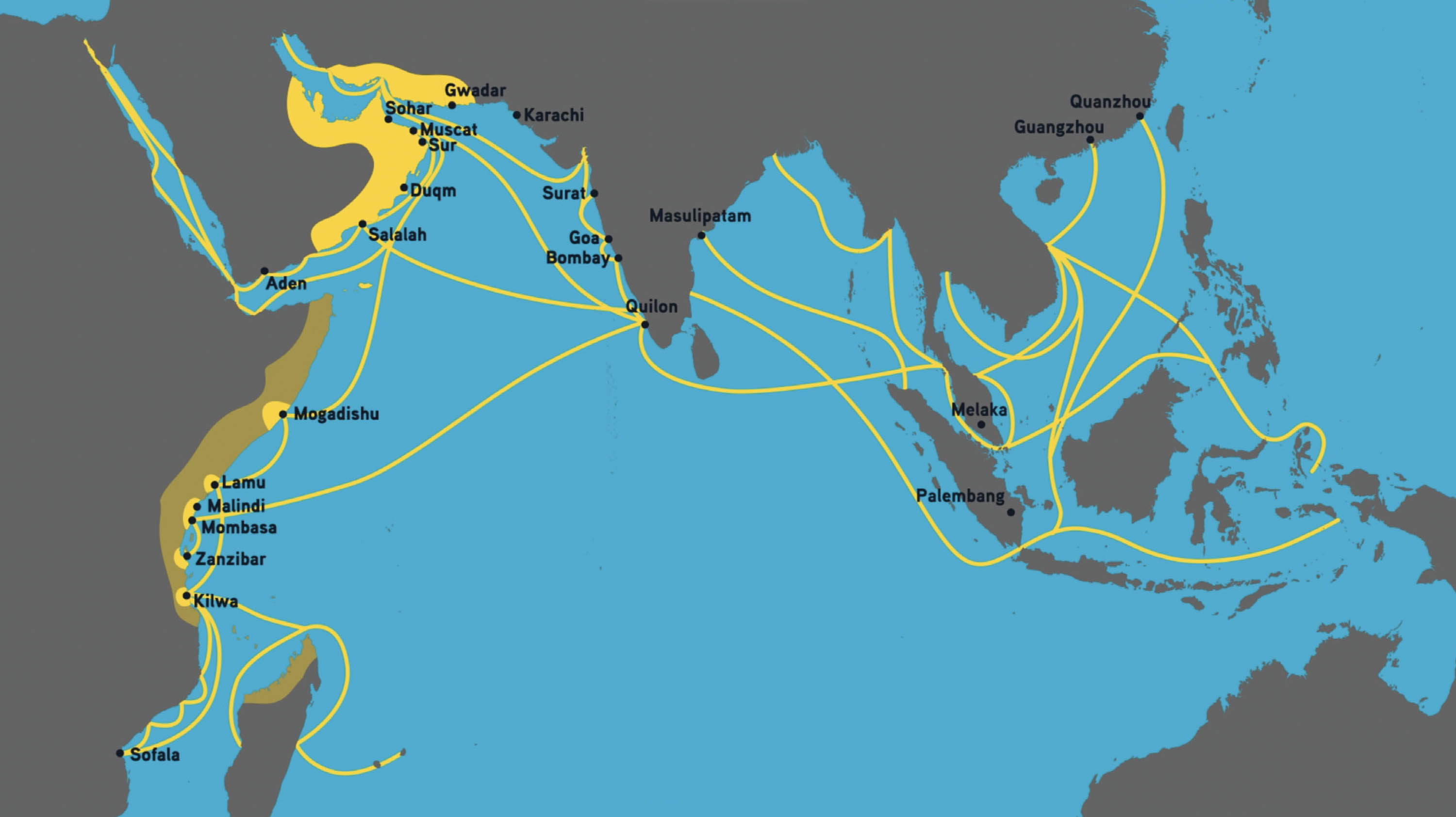 Map of Africa and Southeast Asia with the ocean trade routes connecting key sea ports.