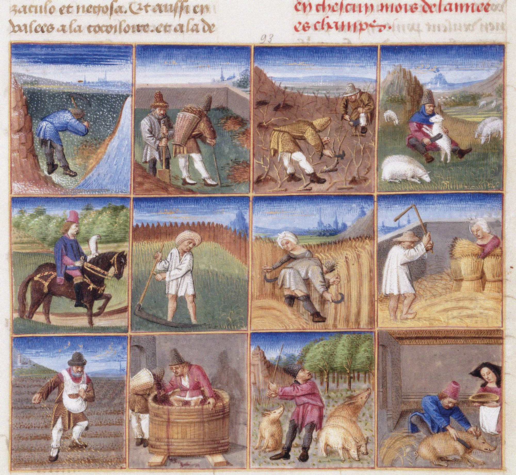 Painting containing 12 images of peasants working the fields, tending to farm animals, and harvesting crops.