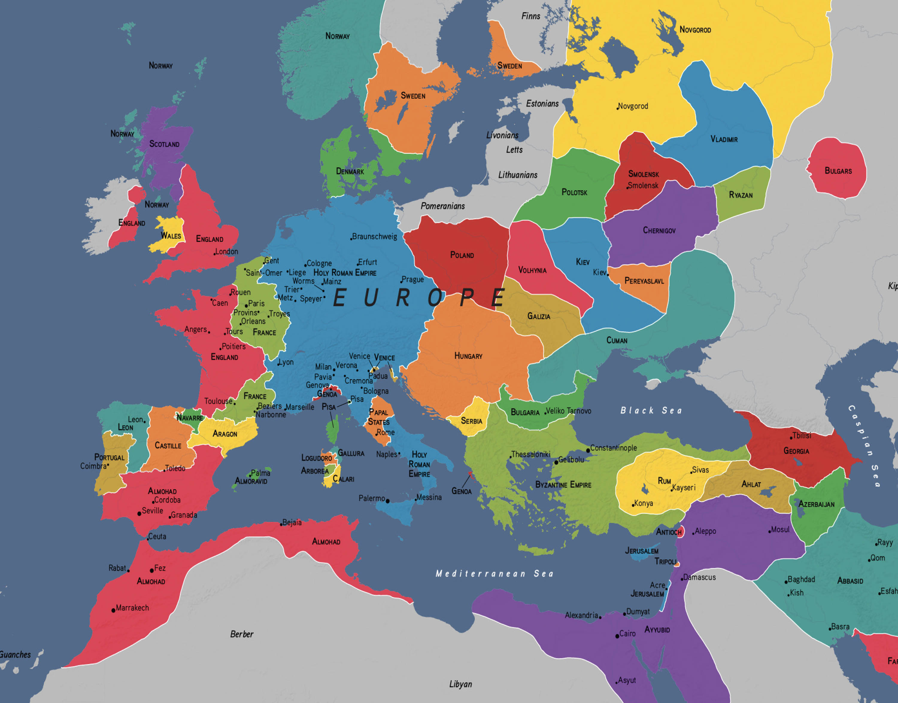 Detailed map of Europe with the various empires, kingdoms, and states labeled and shaded in different colors.