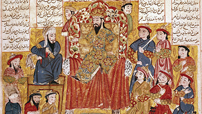 Painting in an illustrated manuscript of a sultan sitting on a throne, surrounded by members of his court.