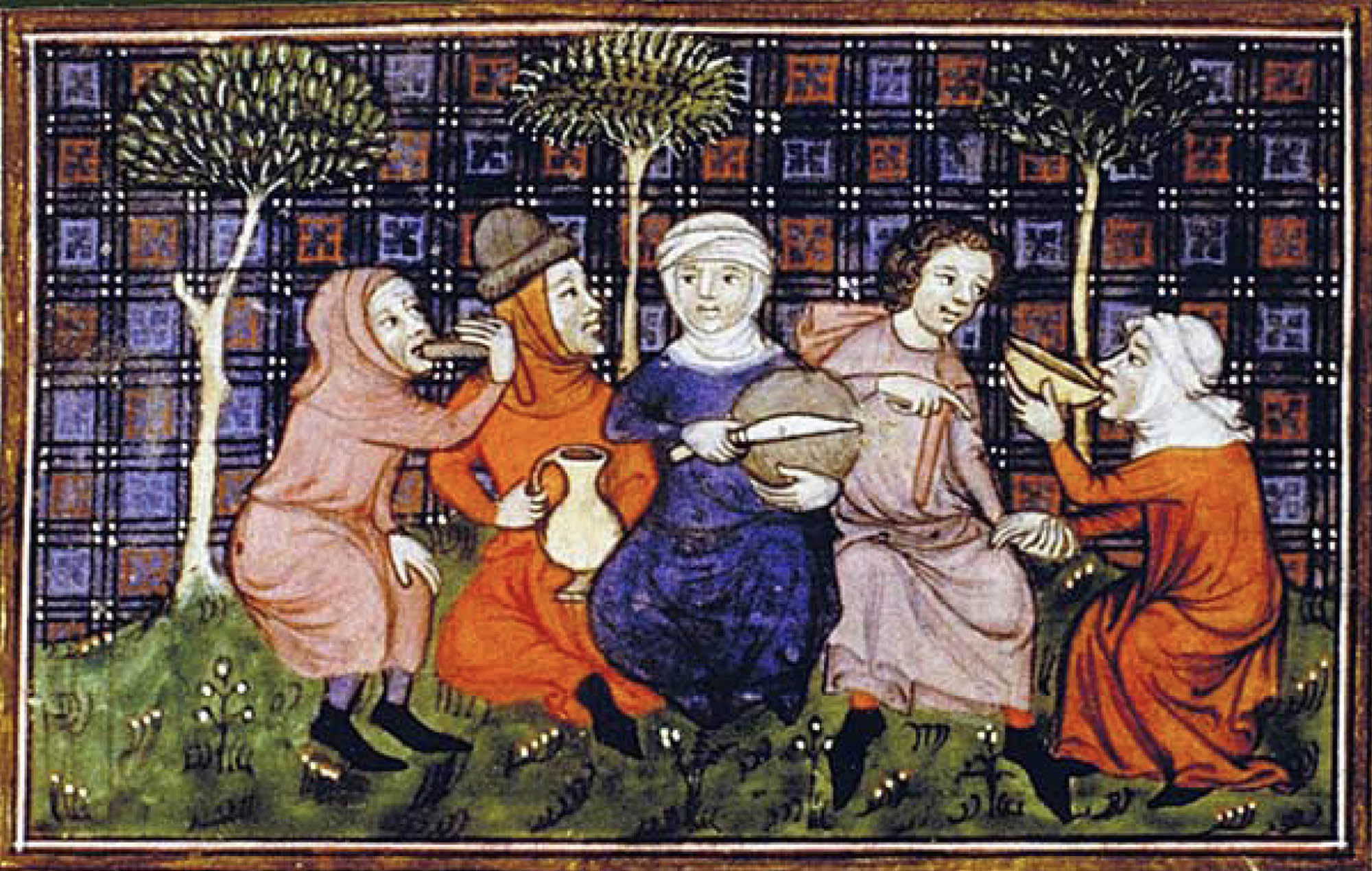 A group of peasants pausing work to eat and drink.