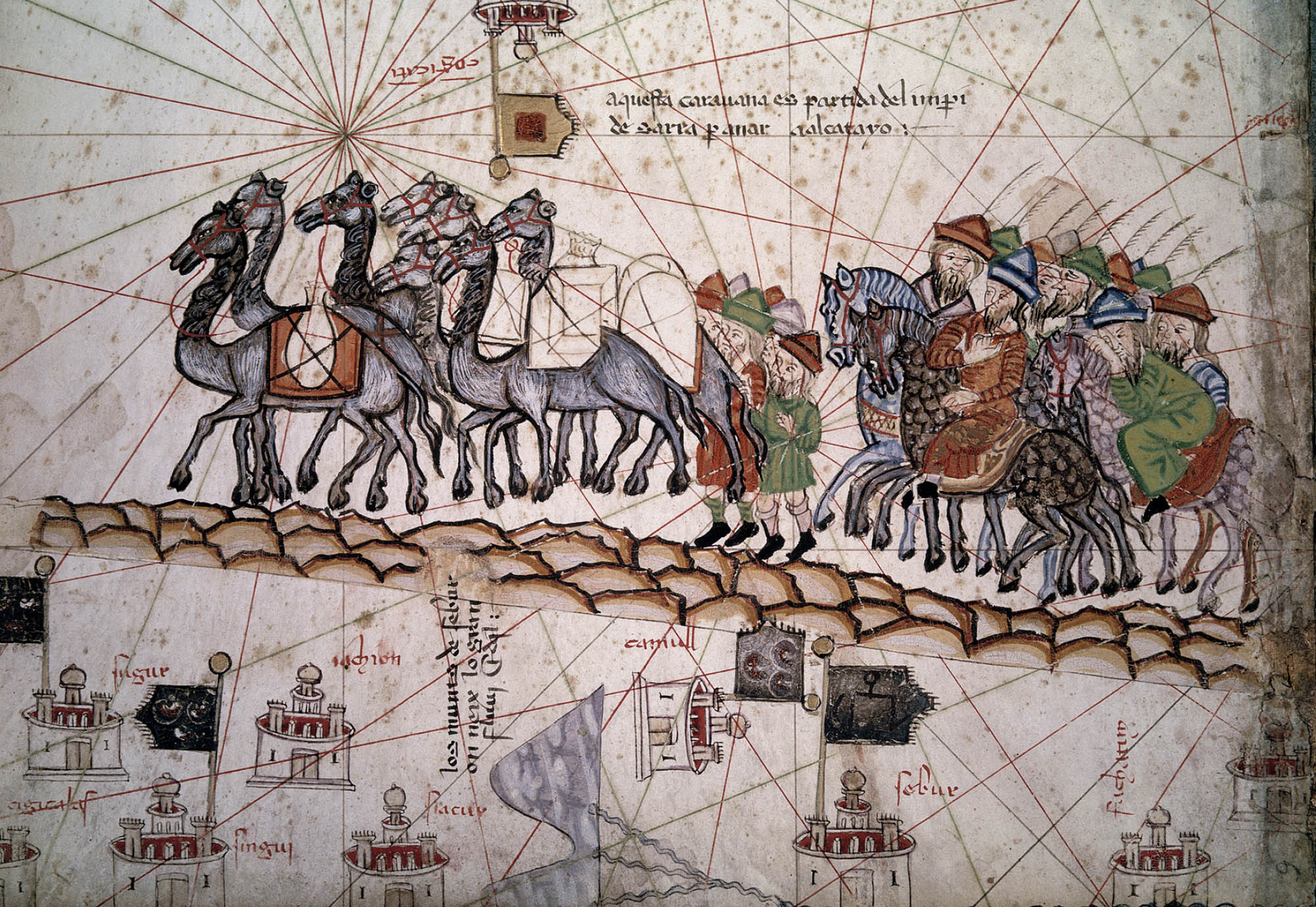 A detail of a map showing a caravan of traders, from The Catalan Atlas.