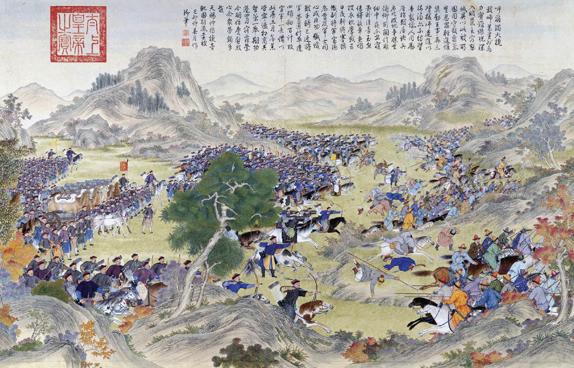 Painting of a battle scene in a big field with archers and mounted calvary.