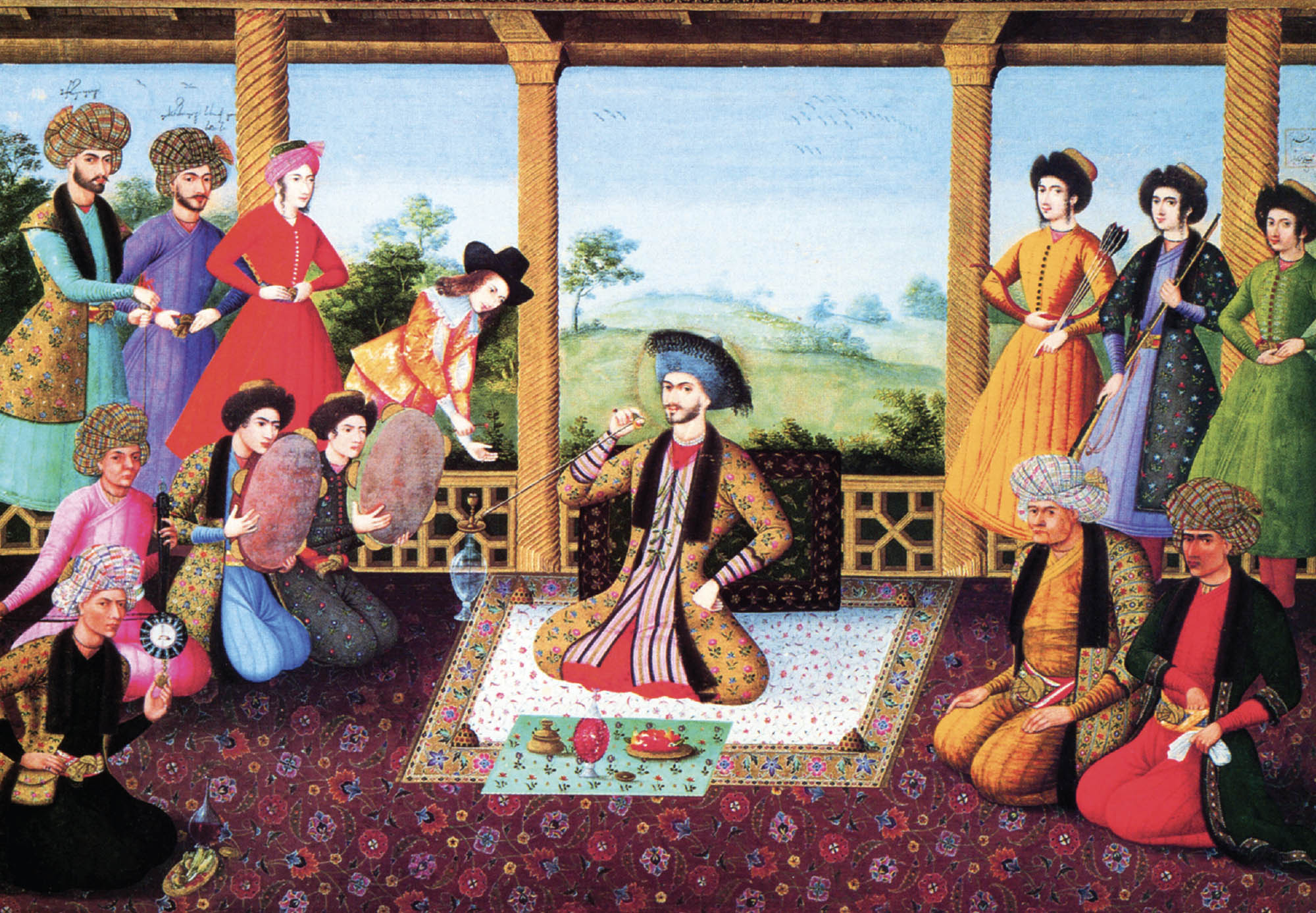 Illustration with one person sitting in the middle on a white floral rug smoking a hookah. On either sit of the person sitting are groups of people sitting and standing in colorful outfits. Behind the group is a green landscape.