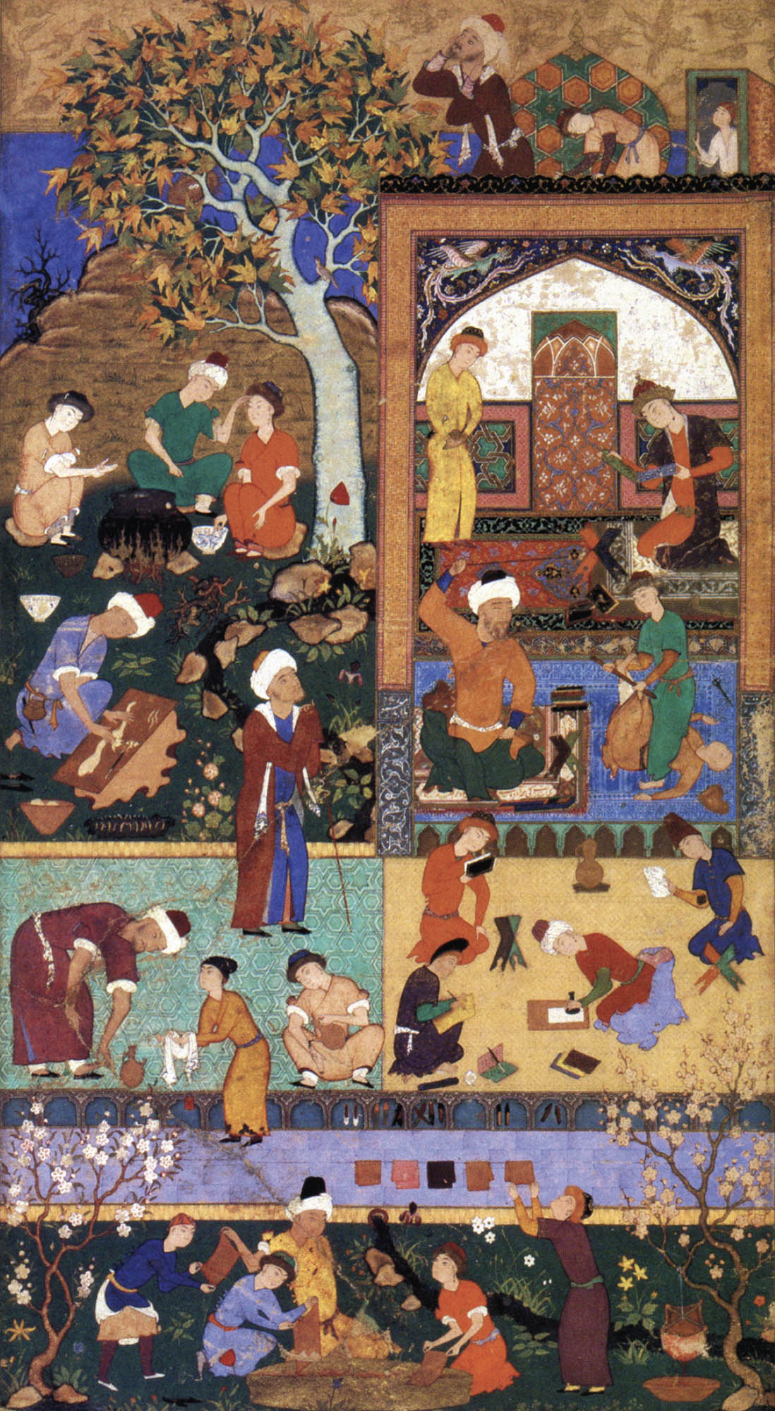 Illustration of students in a madrassa. In the foreground, a group is washing and hanging clothing to dry. Behind them, students are reading and writing. Behind them and to the left, a student is being disciplined and another is being called to prayer. To their right is a group of students cooking on a fire. In the background of the photo is a river, without people depicted laboring in it.