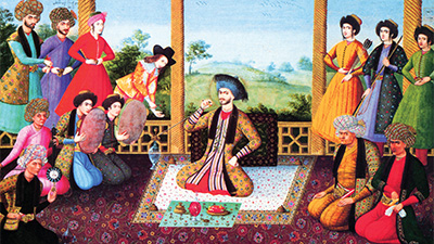 Illustration with one person sitting in the middle on a white floral rug smoking a hookah. On either sit of the person sitting are groups of people sitting and standing in colorful outfits. Behind the group is a green landscape.