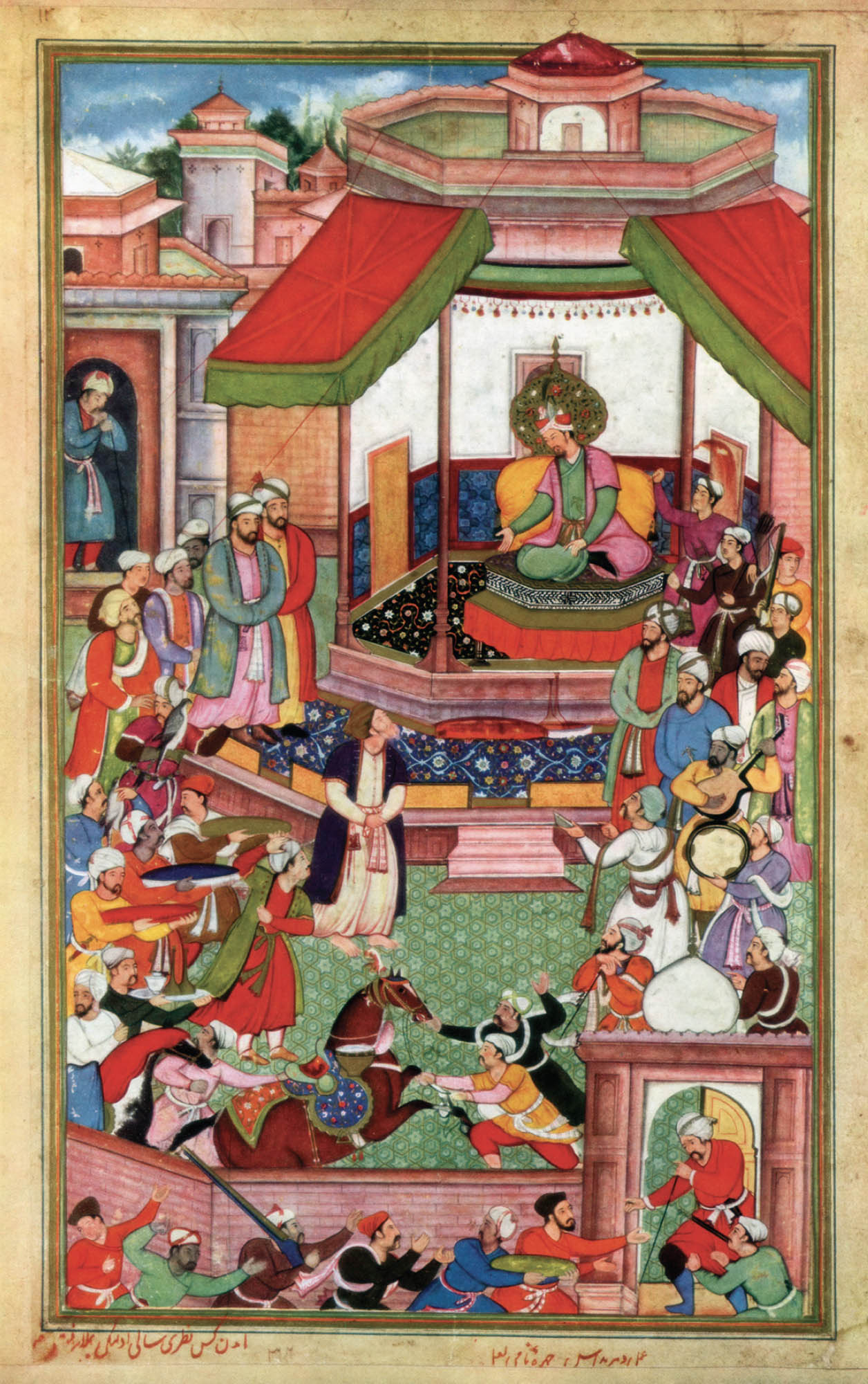 An illustration of Abu’I-Fazi ibn Mubarack presenting Akbarnama to Akbar. In the foreground, men are storming the entrance to this area with weapons, being held off by a guard at the gate entrance. Inside, two groups of men on either side of the illustration are looking at the man sitting in the back center. Man sitting in the back center is sitting under coverings on a high pedestal.