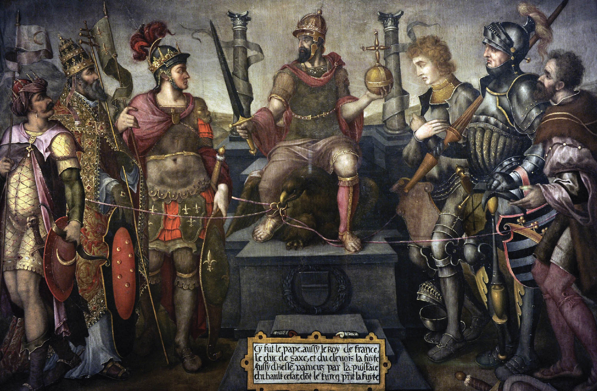 Allegorical painting of Holy Roman Empire being ruled under Emperor Charles V.