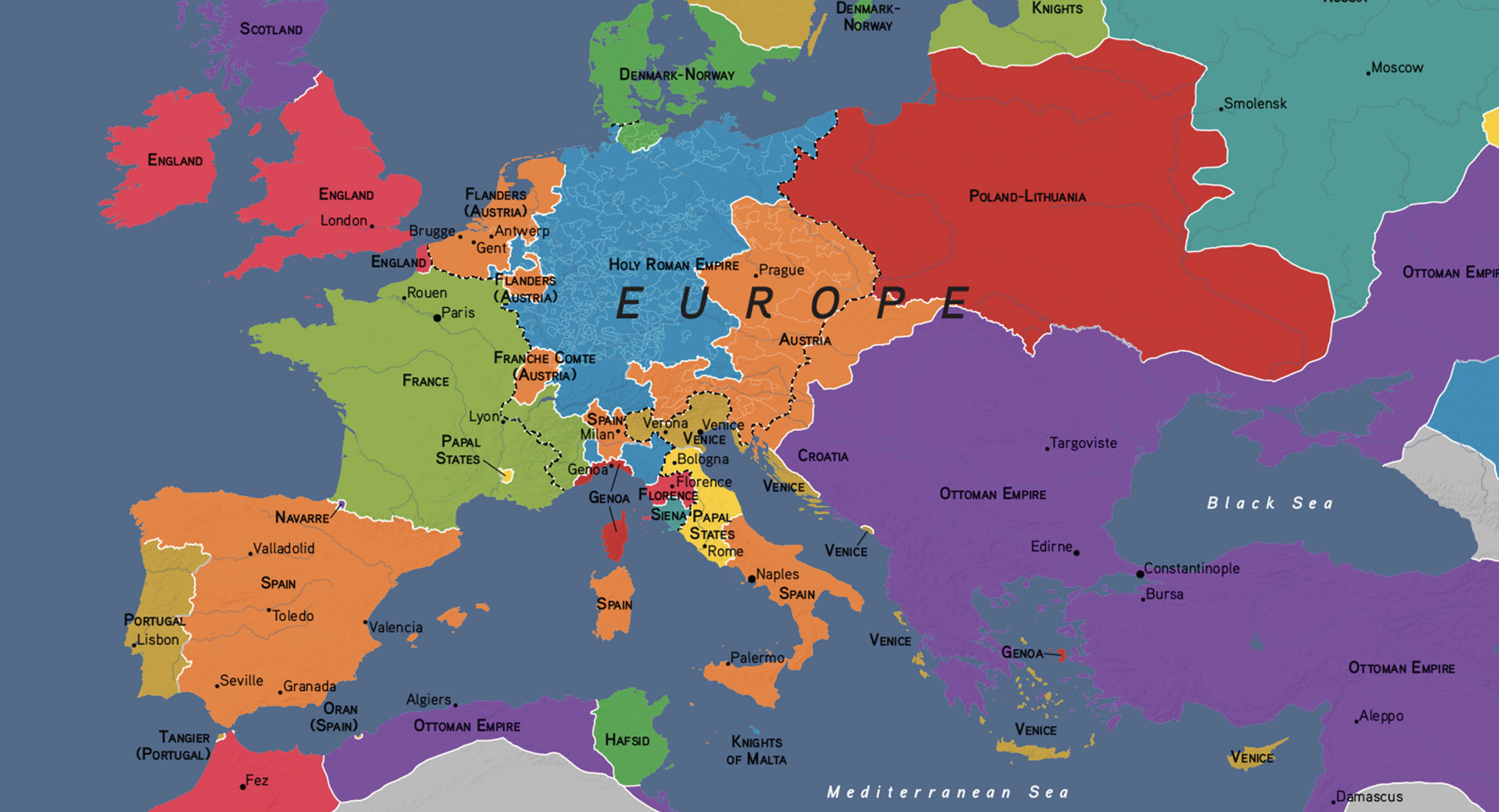 Map of Europe with the territory of Charles V highlighted.