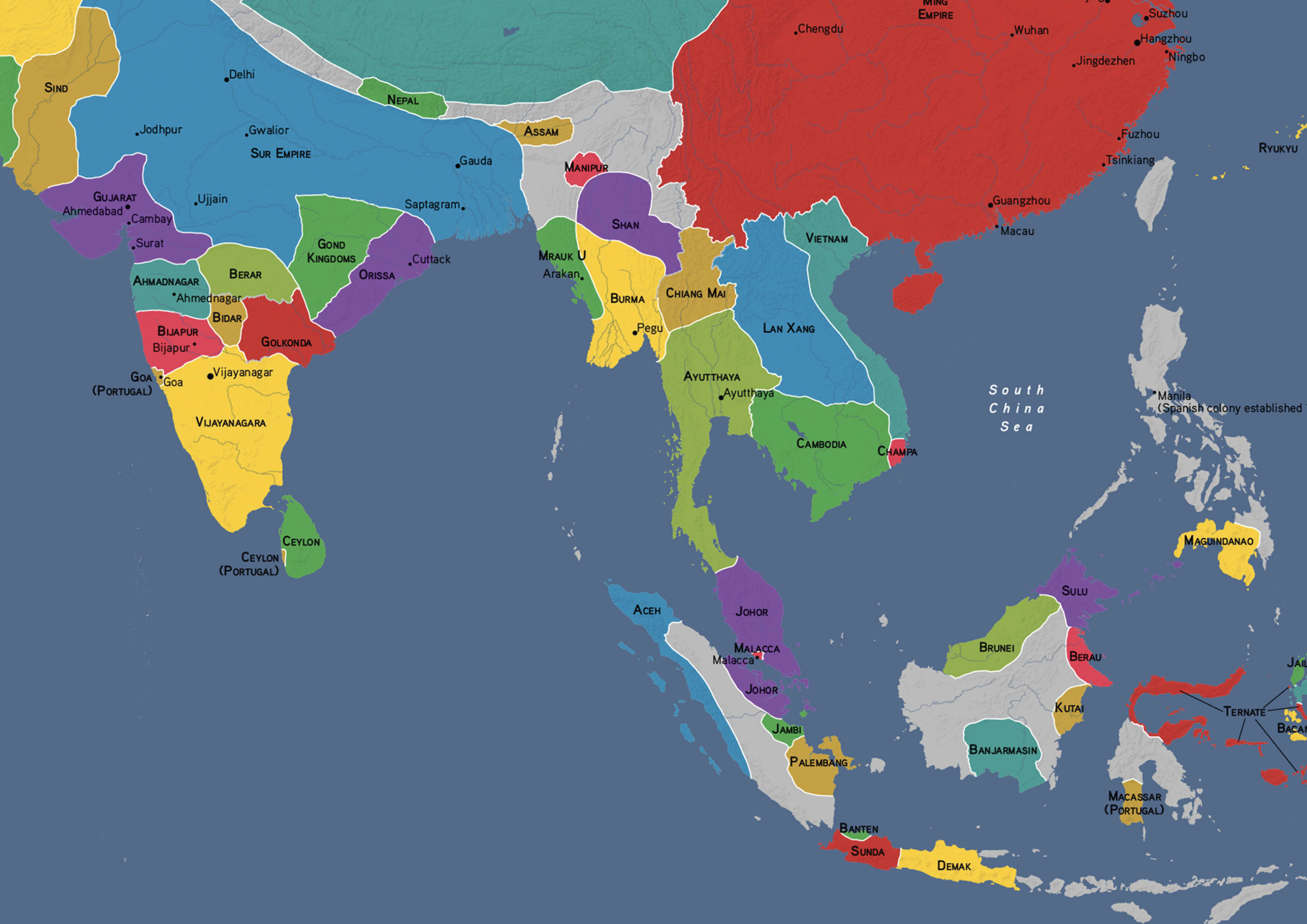 Map of the kingdoms and regions of Southeast Asia in 1550.