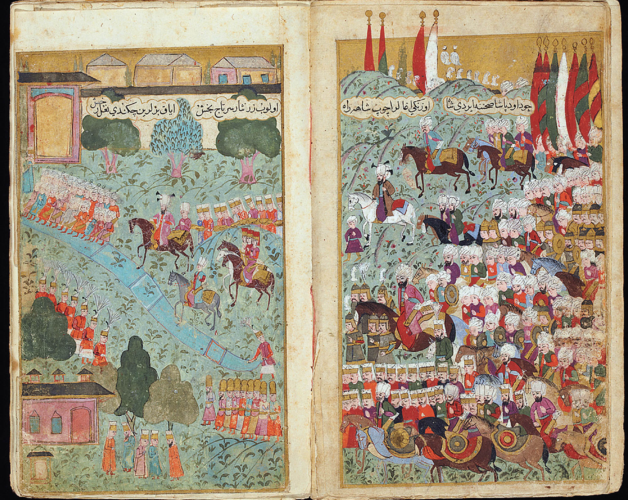 Illustration which spans two pages in a book. A large army is crossing from the right page to the left page. People on foot and on horseback march across a green landscape towards a city wall.