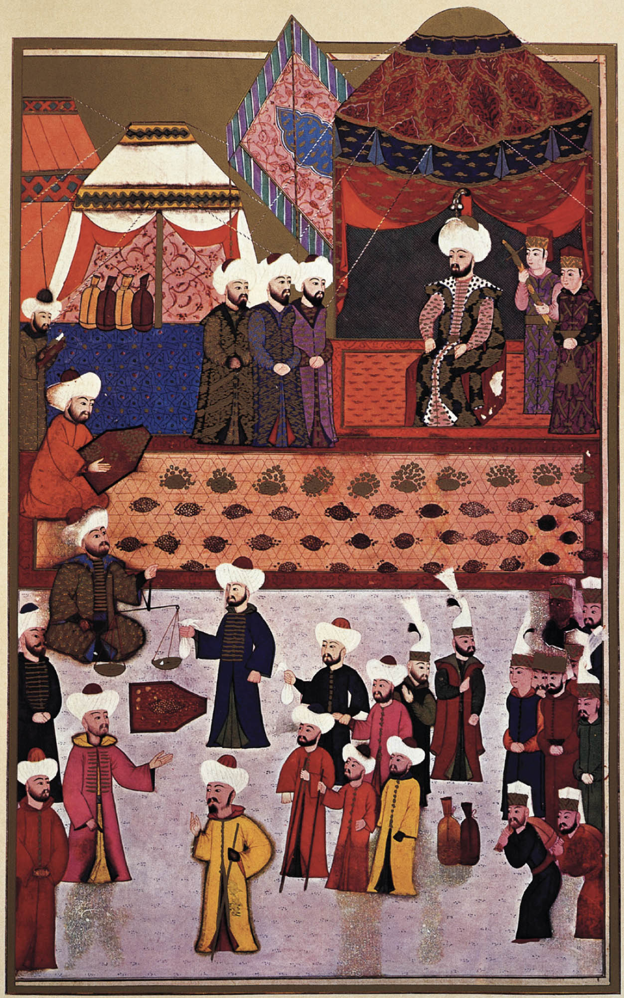 Illustration of an Ottoman sultan  sitting in a regal tent surrounded by other men. Before them is a large group of men, seeming to be in various discussions and weighing out items.