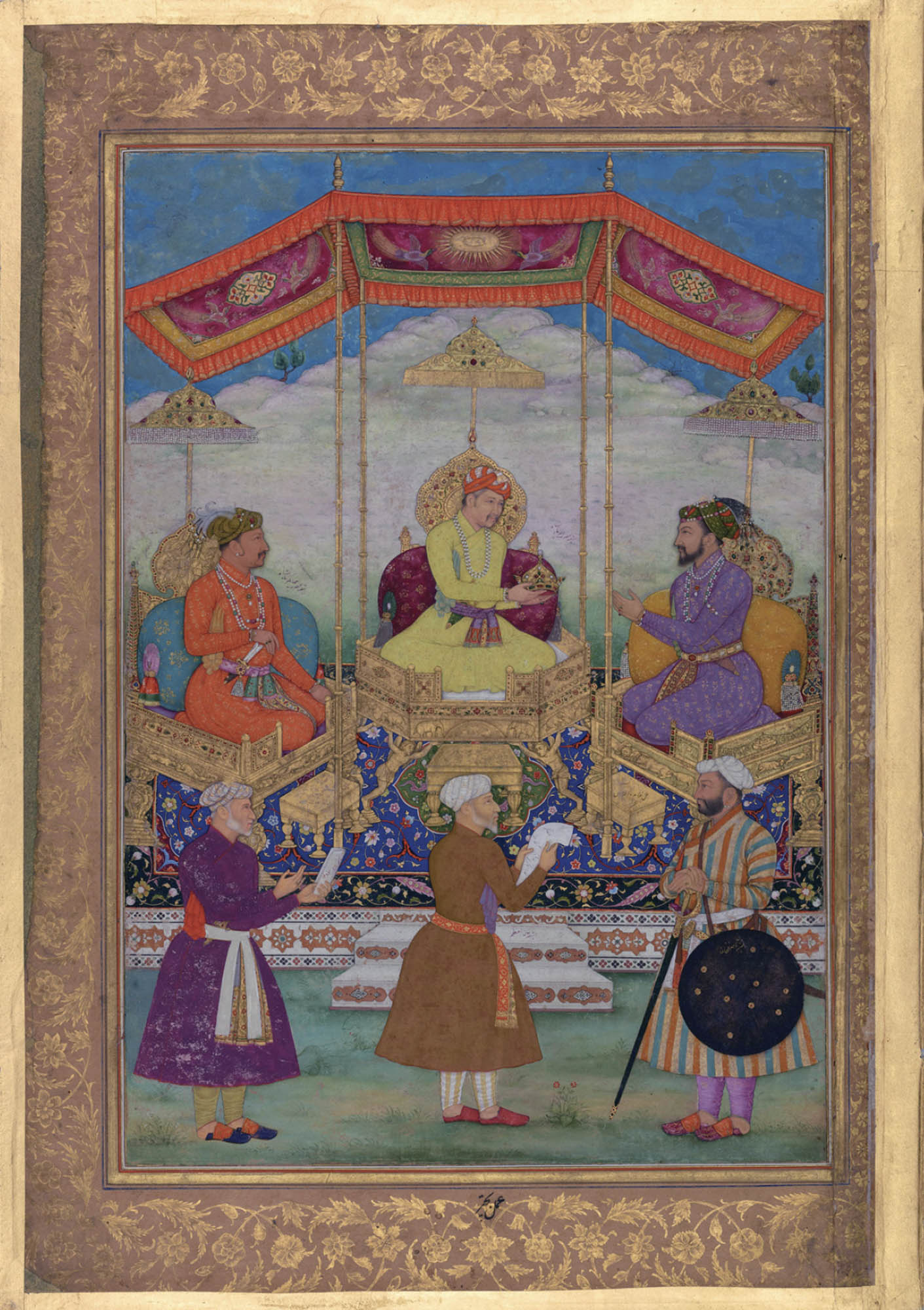 Illustration of three men sitting under shades on gold seats. In front of them are two men presenting scrolls to a guard.
