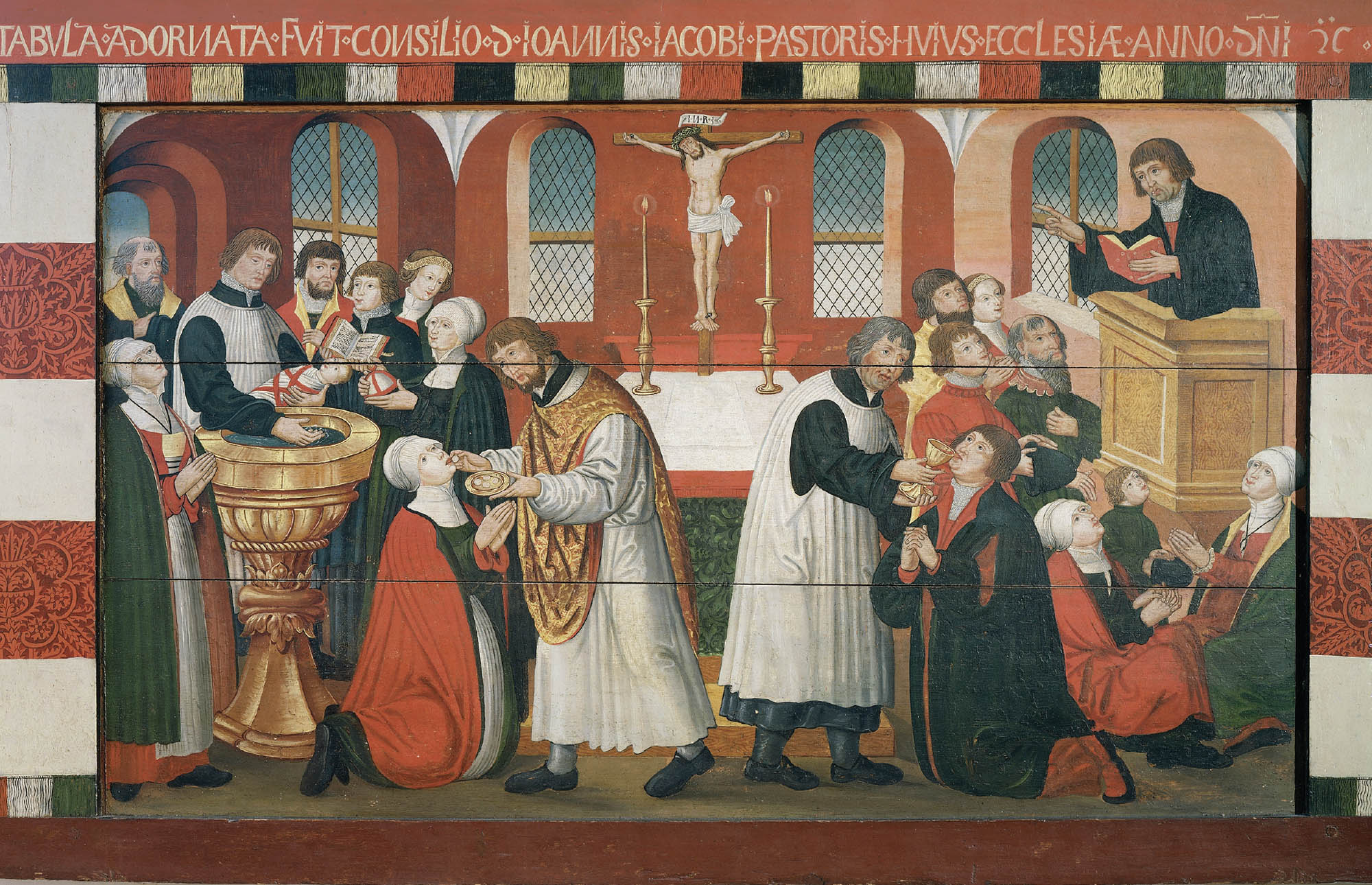 Illustration of a group of men in a church. On the far left side a baby is being baptized and is surround by a group of people. To the right a person is receiving the communion wafer. On the far right a group of people are listening to a person preach. To the left is a person is receiving the communion wine. In the center back there is a crucifix.