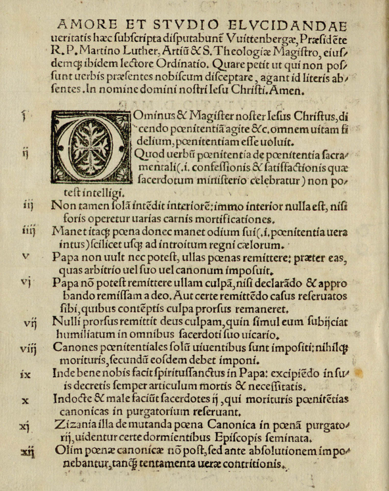 The first page of Basel pamphlet edition of Ninety-five Theses. Latin printed onto a page.