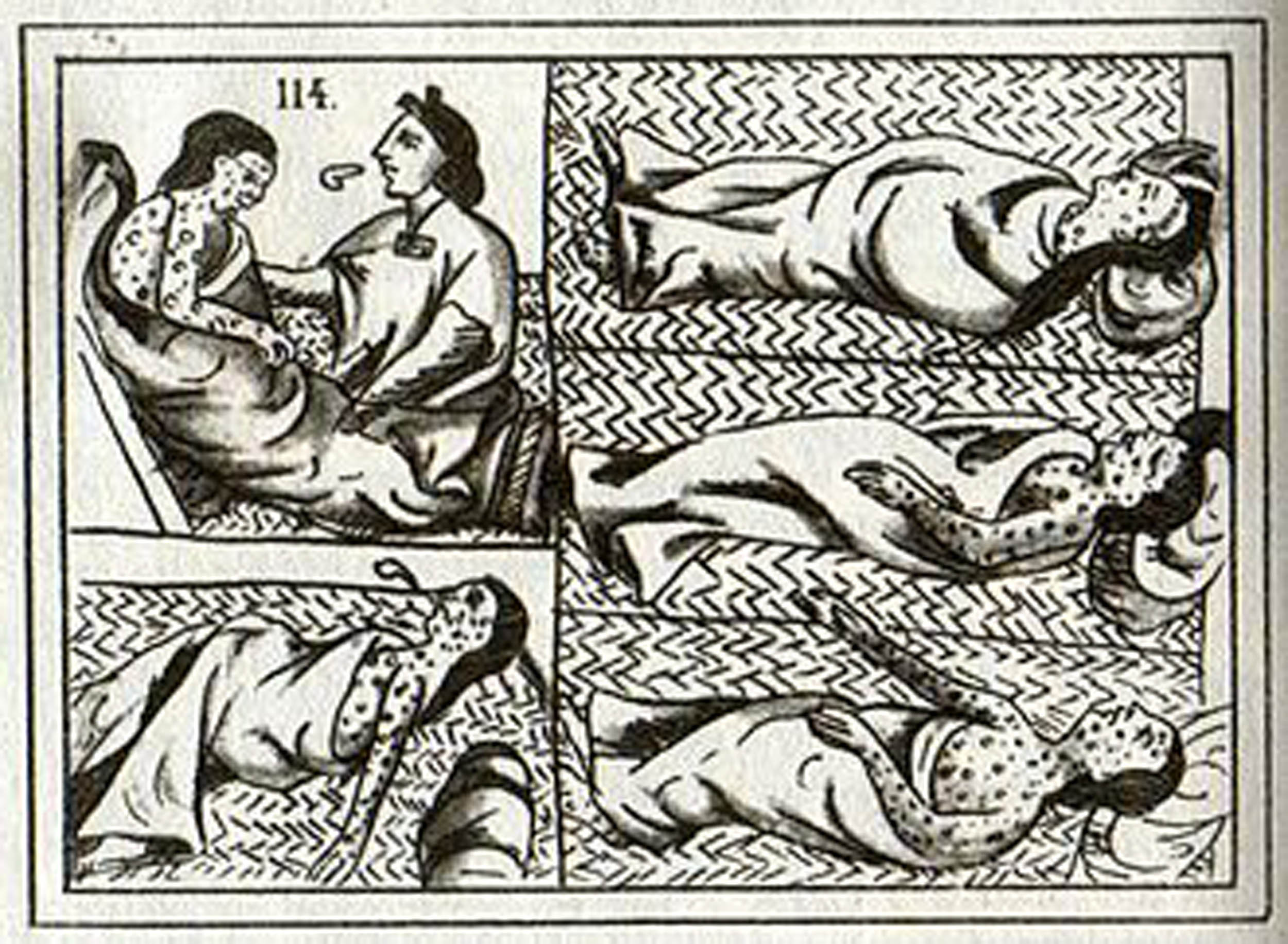 Black and white illustration divided into five panels showing figures lying on mats with dotted marks on their skin. One panel shows a seated figure tending to another.