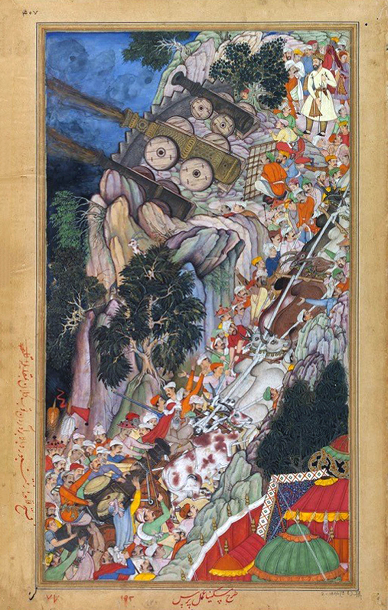 A painting of a detailed scene showing a chaotic battle around a walled city, with figures climbing cliffs, engaging in combat, and moving through rocky terrain and dense crowds.