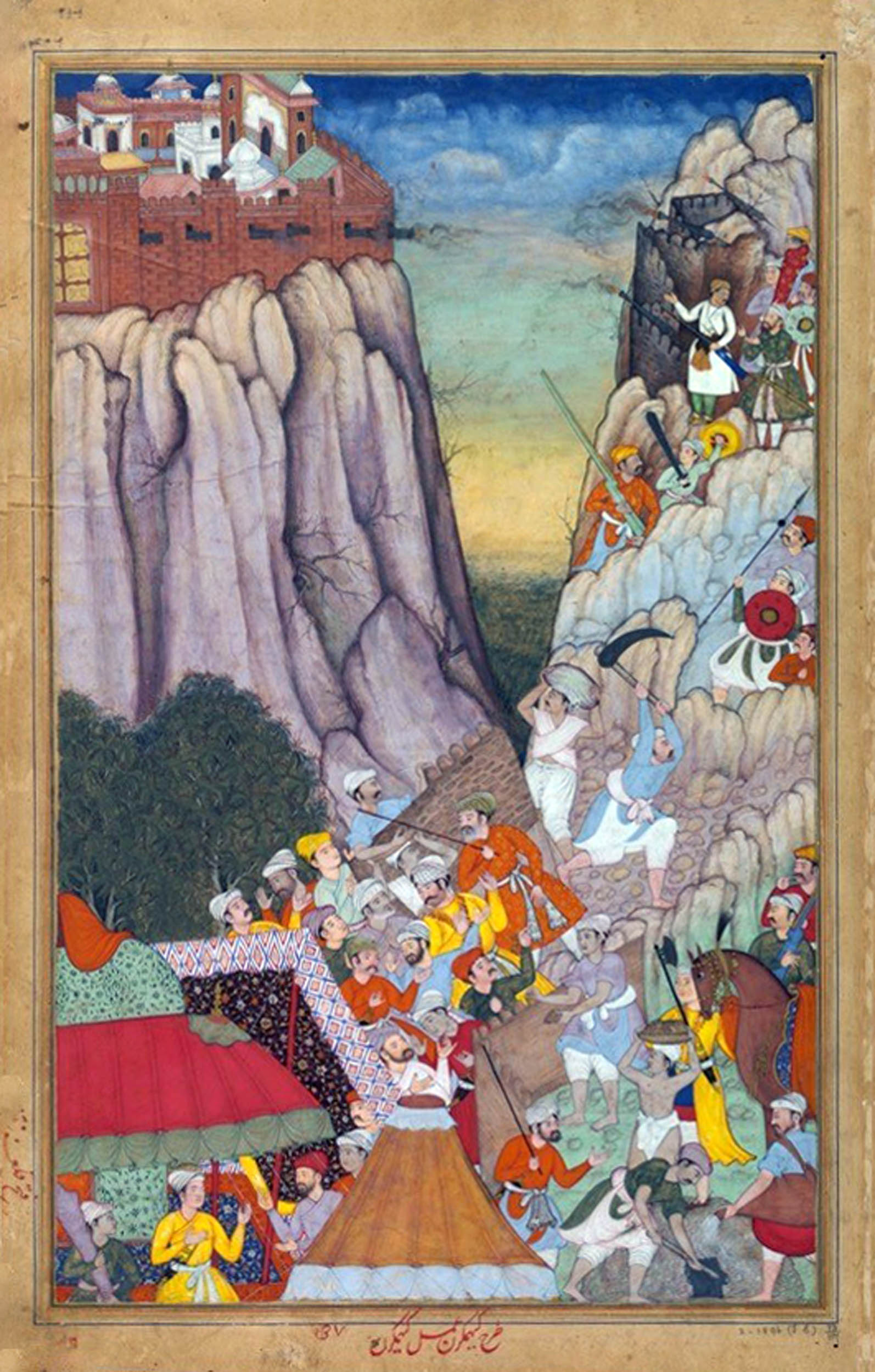 A painting of a battle scene set in a rocky mountain pass, with groups of figures clashing, gesturing, and advancing along narrow paths. A fortified structure sits high above the action, overlooking the dramatic terrain below