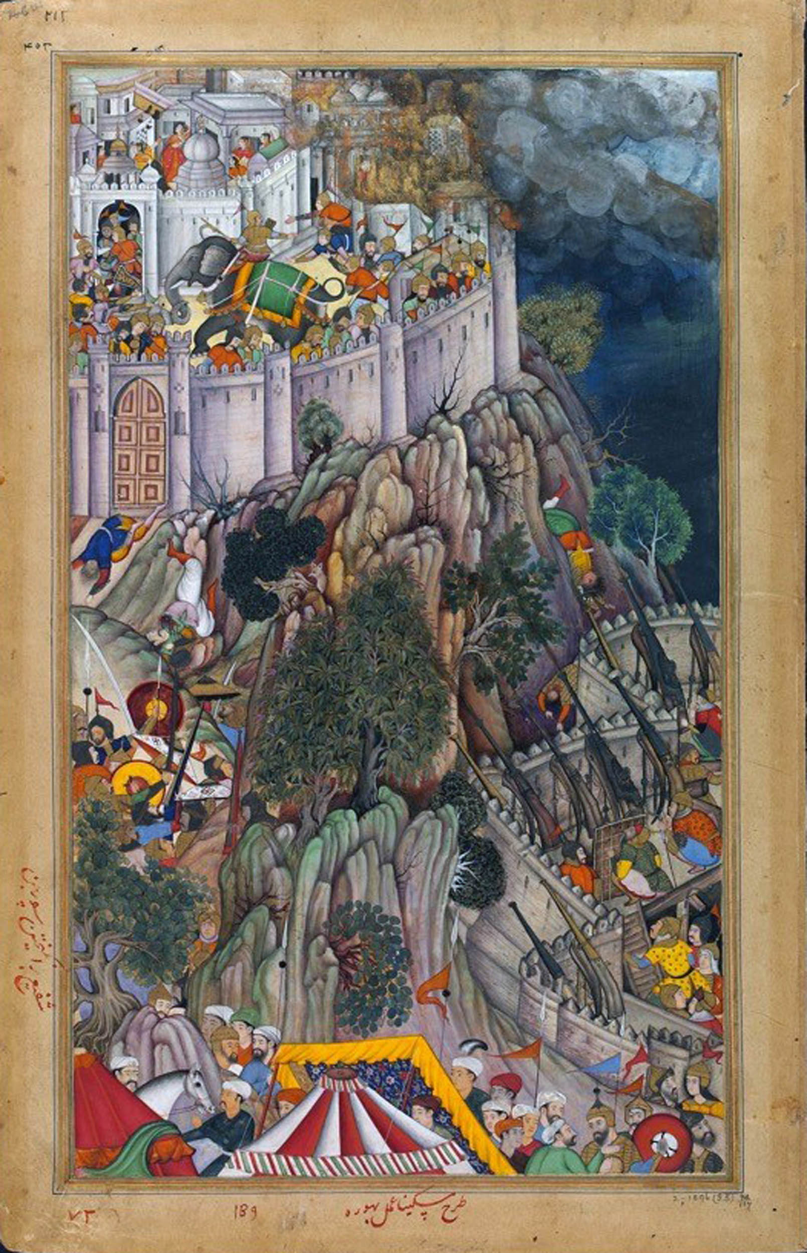 A painting of a densely packed scene showing figures and animals navigating a steep, rocky path. Large cannons are hauled through the mountains, accompanied by soldiers, oxen, and laborers. The image captures motion, struggle, and coordination in a dramatic landscape.