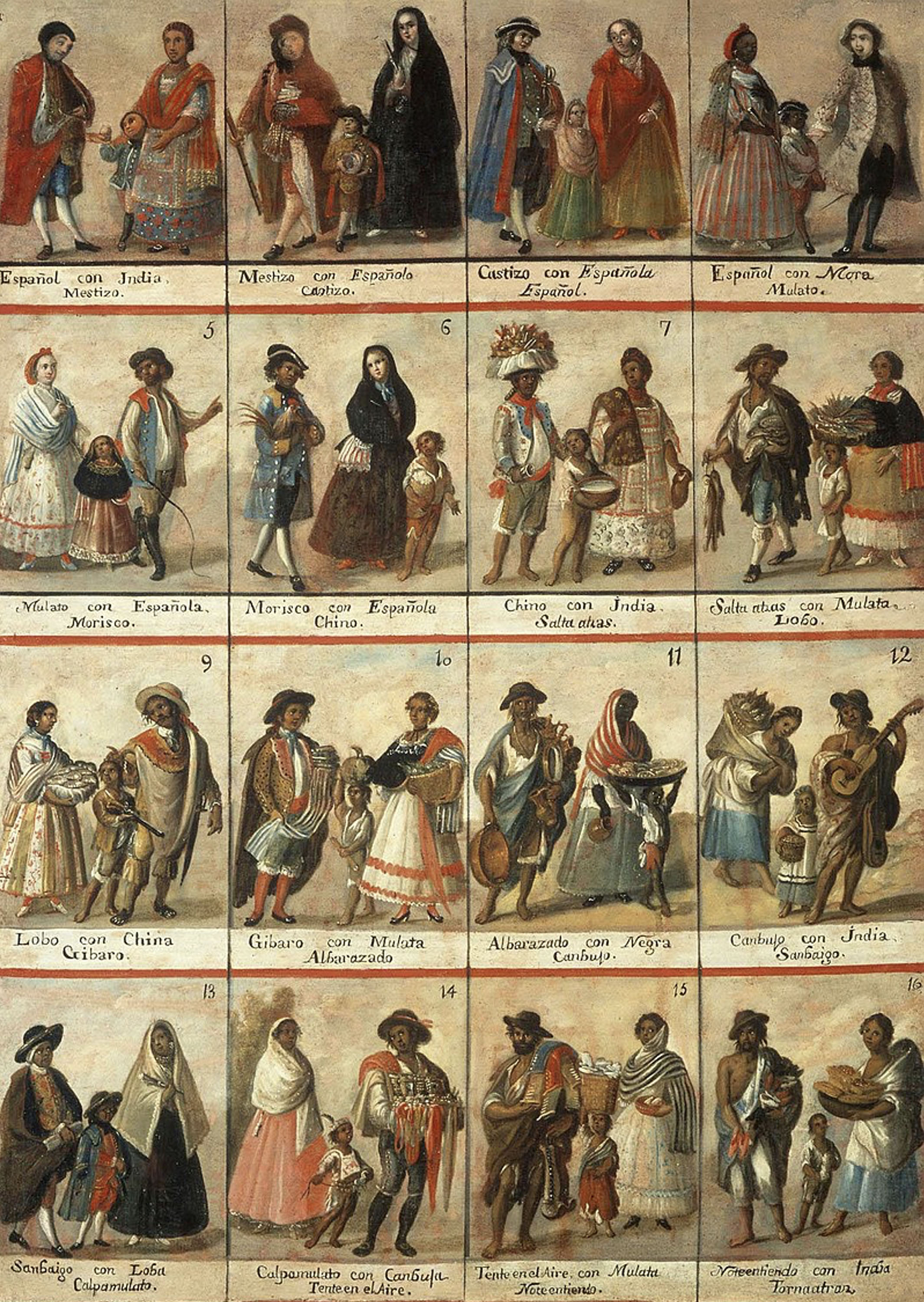 A painting divided into sixteen panels, each showing families of different backgrounds. Parents and children are dressed in various styles, with each scene illustrating differences in appearance and status.