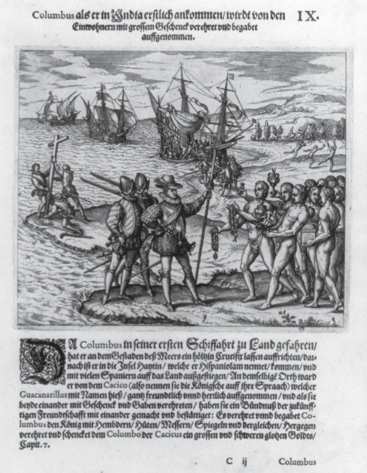 Page containing an illustration of Columbus arriving in the Americas. Ships are in the background and in the foreground Columbus is interacting with a group of Native Americans. Below and above the illustration is text.