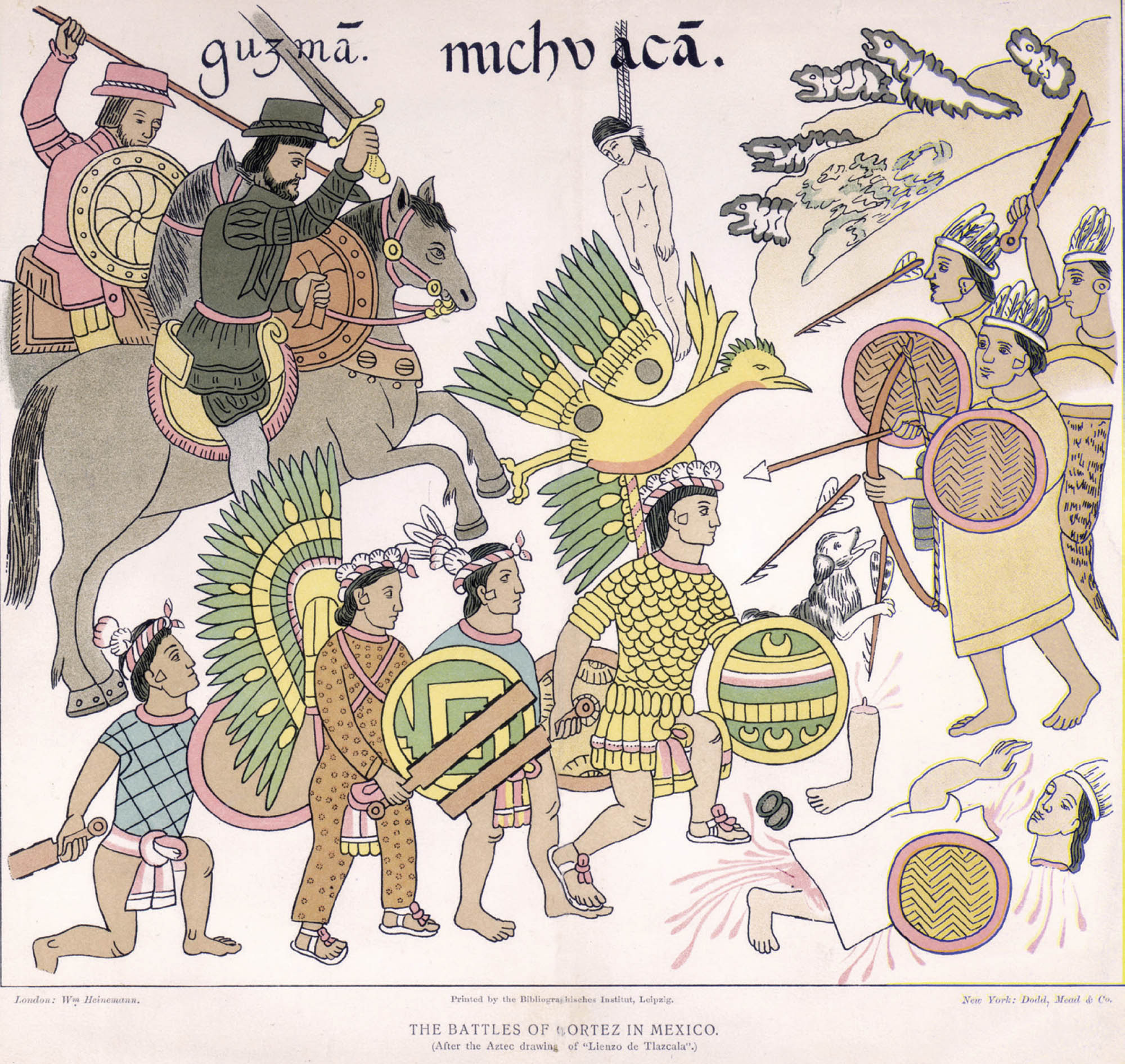 Illustration of a group of Spaniards and Tiazcalan attacking a group Aztecs. The Spanish soldiers are on horseback, armed with swords and shields. The Tiazcalan soldiers are armed with colorful shields and clubs. A couple of them wear gold and green feathered headdresses, one of them in the shape of a bird. The Aztec soldiers are armed with shields and bows and arrows.