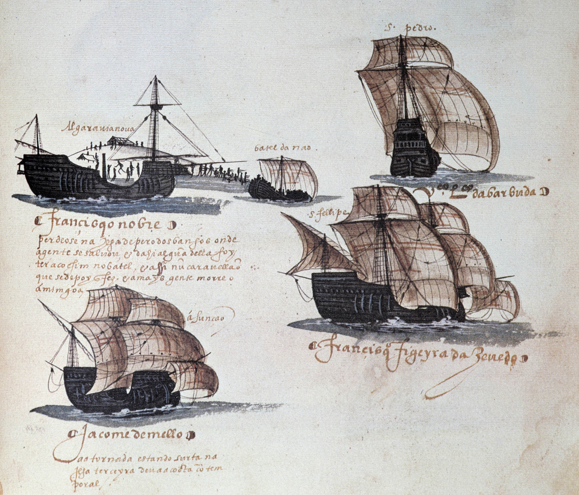 Drawings of various styles of carrack ships and sails.