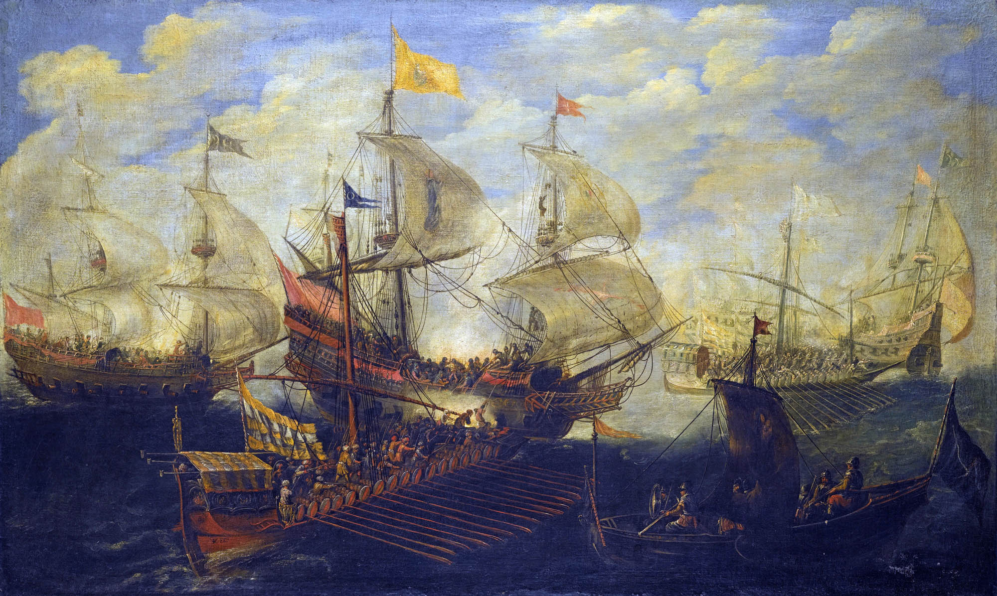 Naval battle scene with cannons and smoke billowing  from carrack and galley ships.