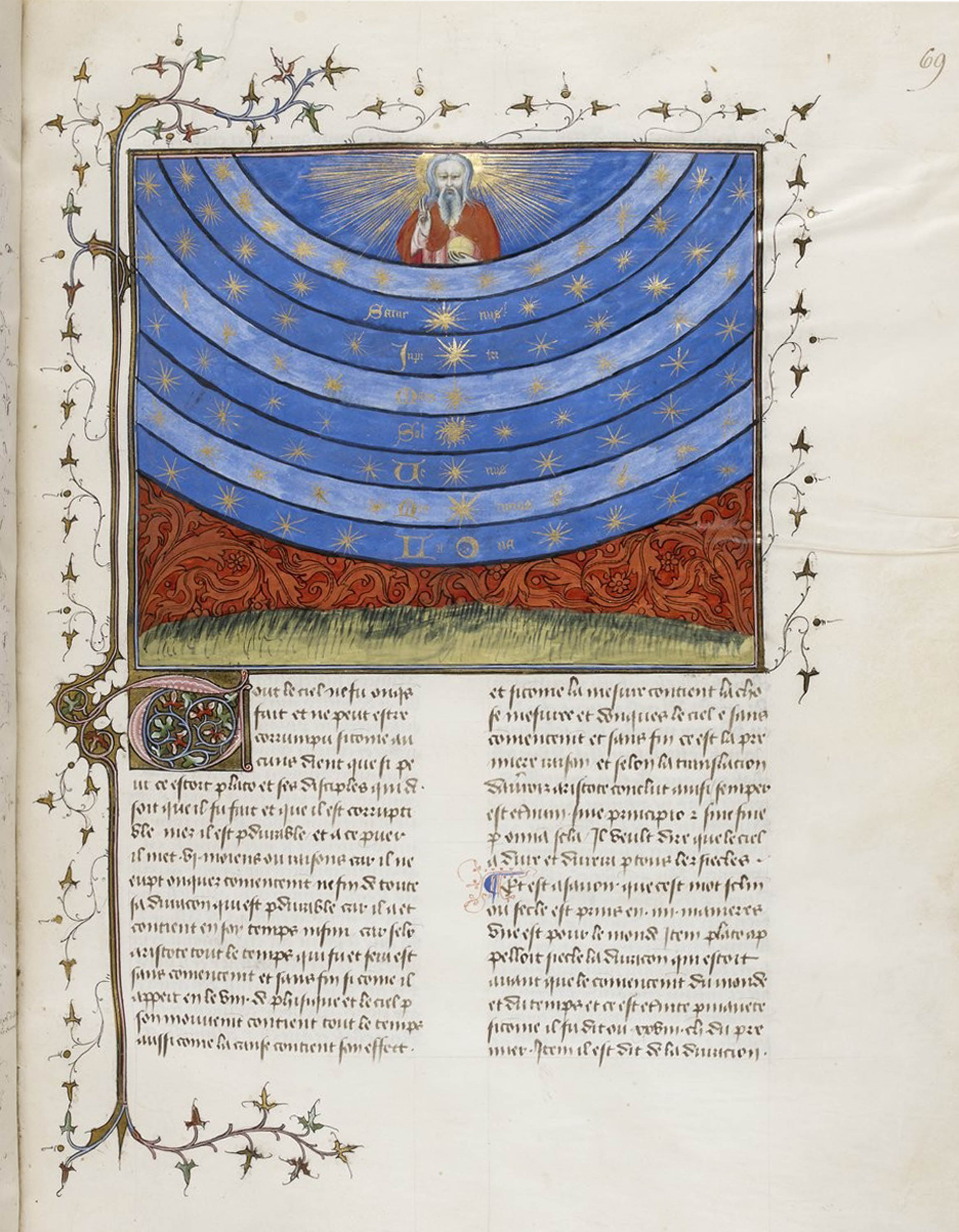 Medieval manuscript illustration of God above concentric spheres filled with stars, representing a view of the universe, surrounded by ornate text and vine-like decoration.