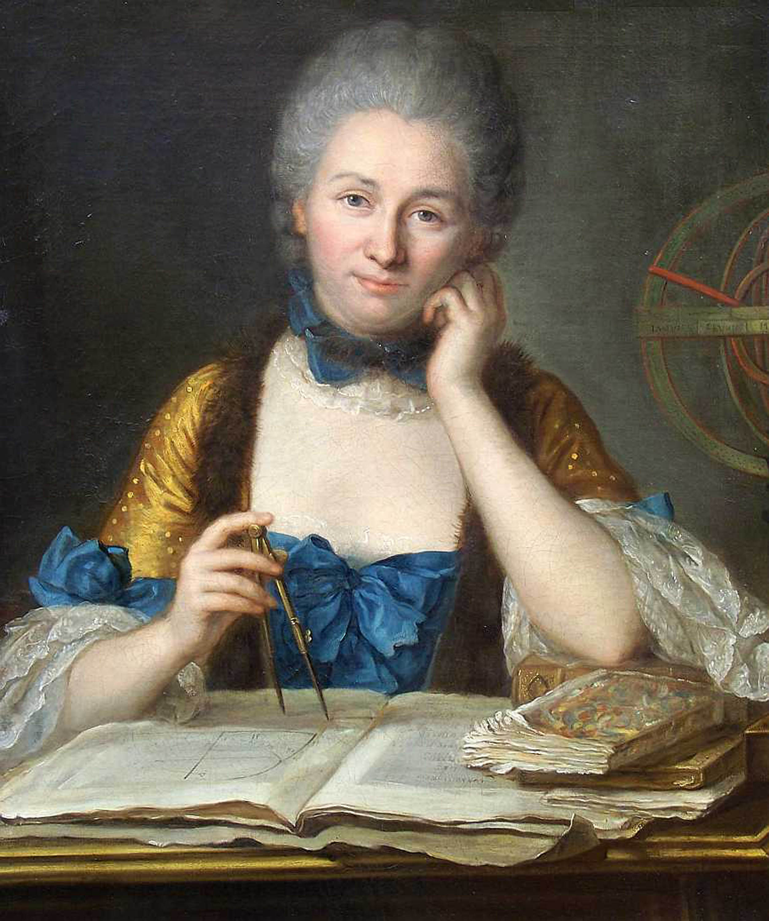 Portrait of a woman in 18th-century blue, gold, and white dress holding a compass over an open book with geometric diagrams, symbolizing scientific study.