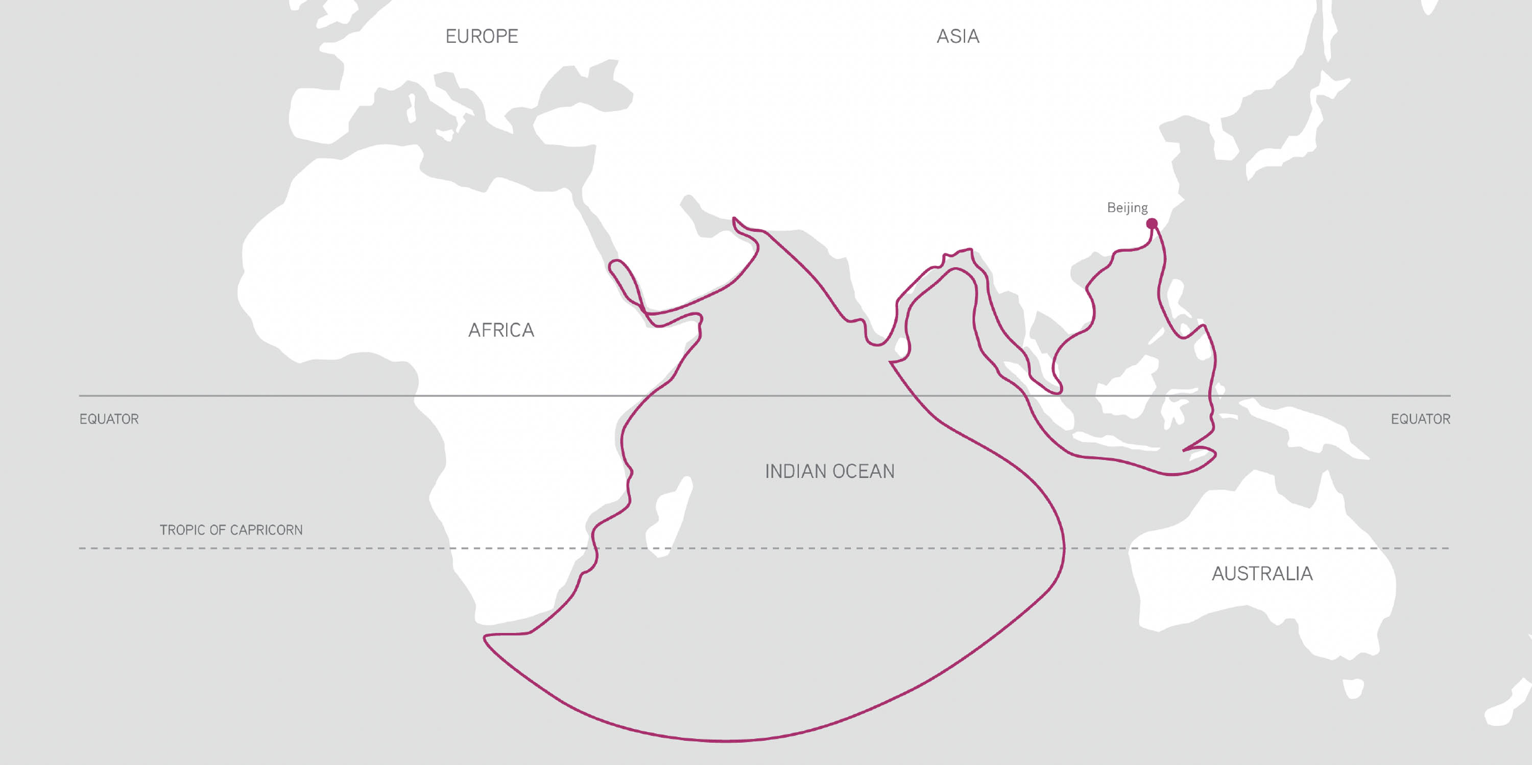 Map of the world with Zheng He's travel routes around the Indian Ocean.