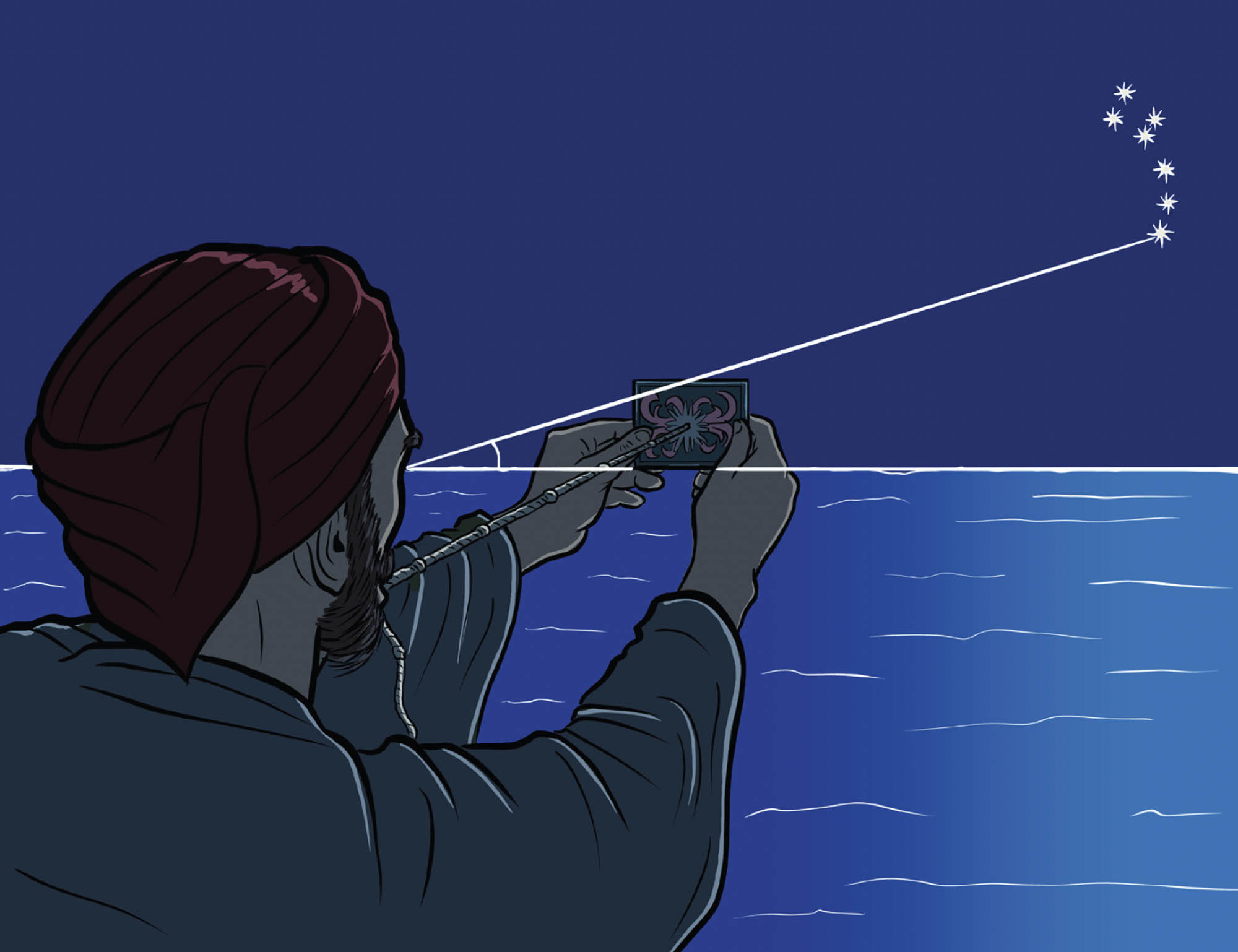 A sailor holds up a device to measure the angle between the horizon and a constellation of stars.