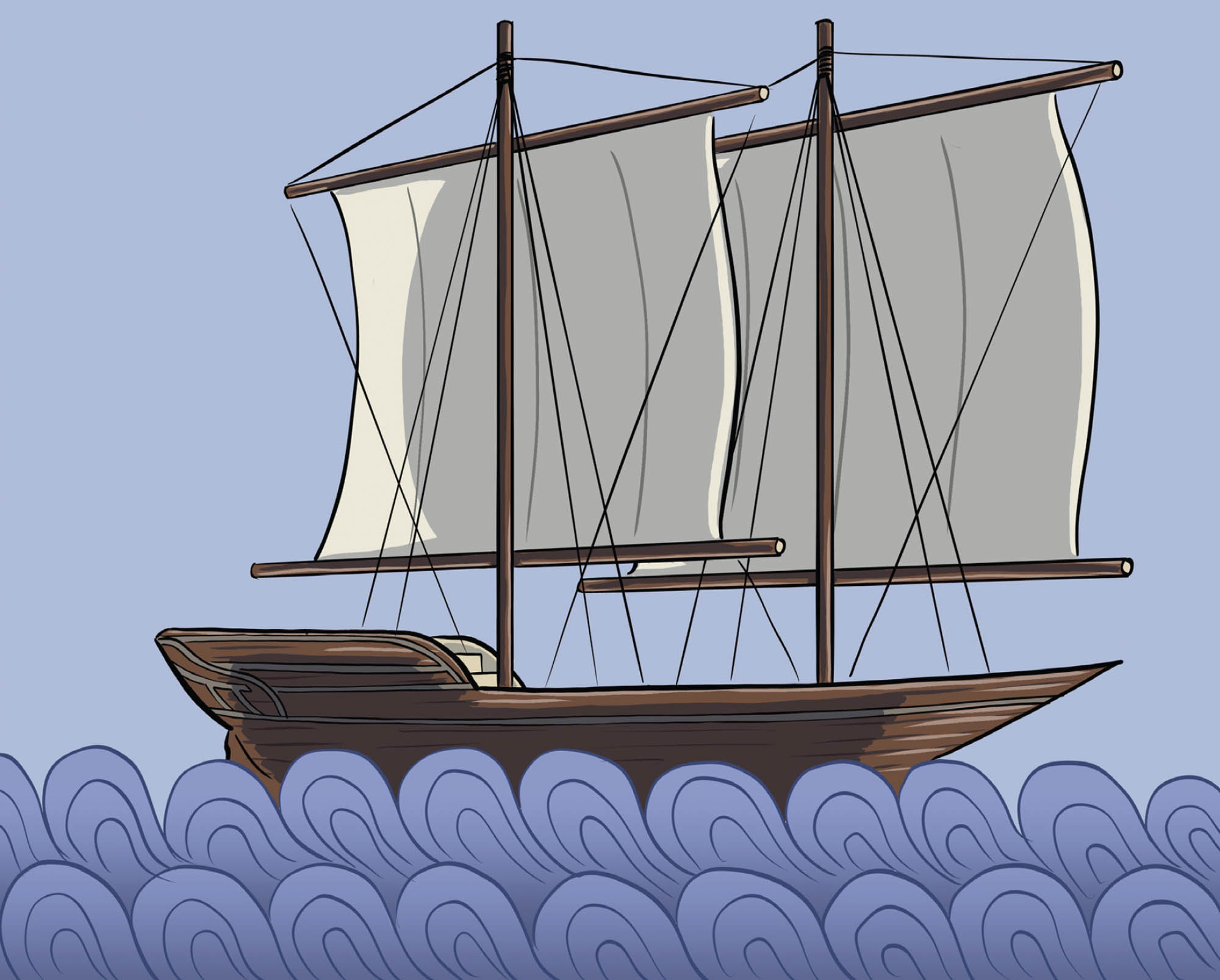 A two-masted sailing ship.