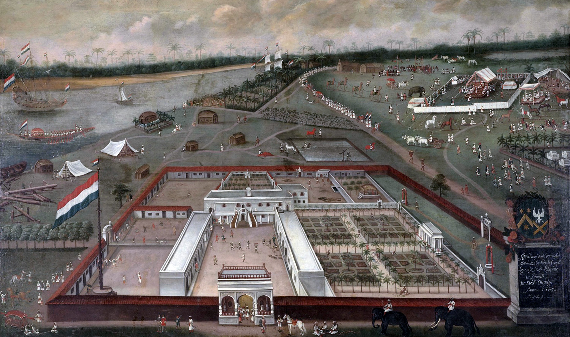 A high angle scene of the Dutch East India fort beside the Ganges River in Bengal, India. The director of the trading post visits an Indian dignitary, and at the upper right an act of religious self-castigation is taking place: a man is suspended from a hook in his ribs and spun around a pole.