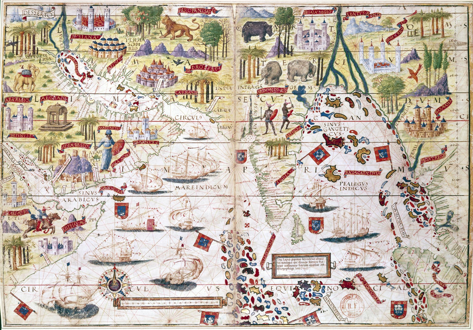 A richly illustrated, hand-colored map from the Miller Atlas, c1519, depicting the Indian Ocean, Persian Gulf, India, and North Africa. The map is embellished with illustrations of mythical creatures, ships, towns, and geographical features.