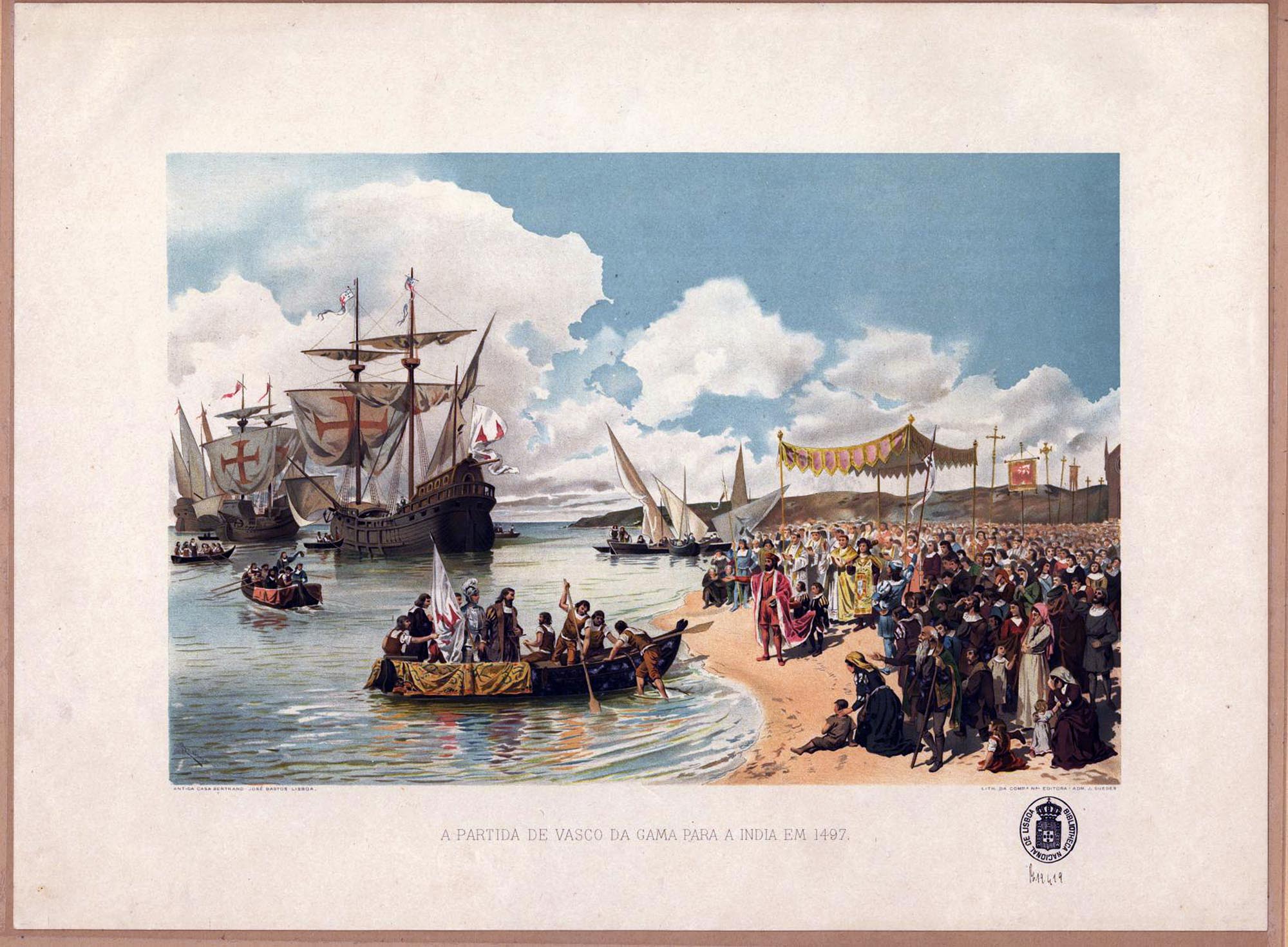 An image depicting the departure of Vasco da Gama's fleet from Lisbon for India in 1497, showing numerous ships in the water and a large crowd gathered on the shore to bid farewell to the explorers.