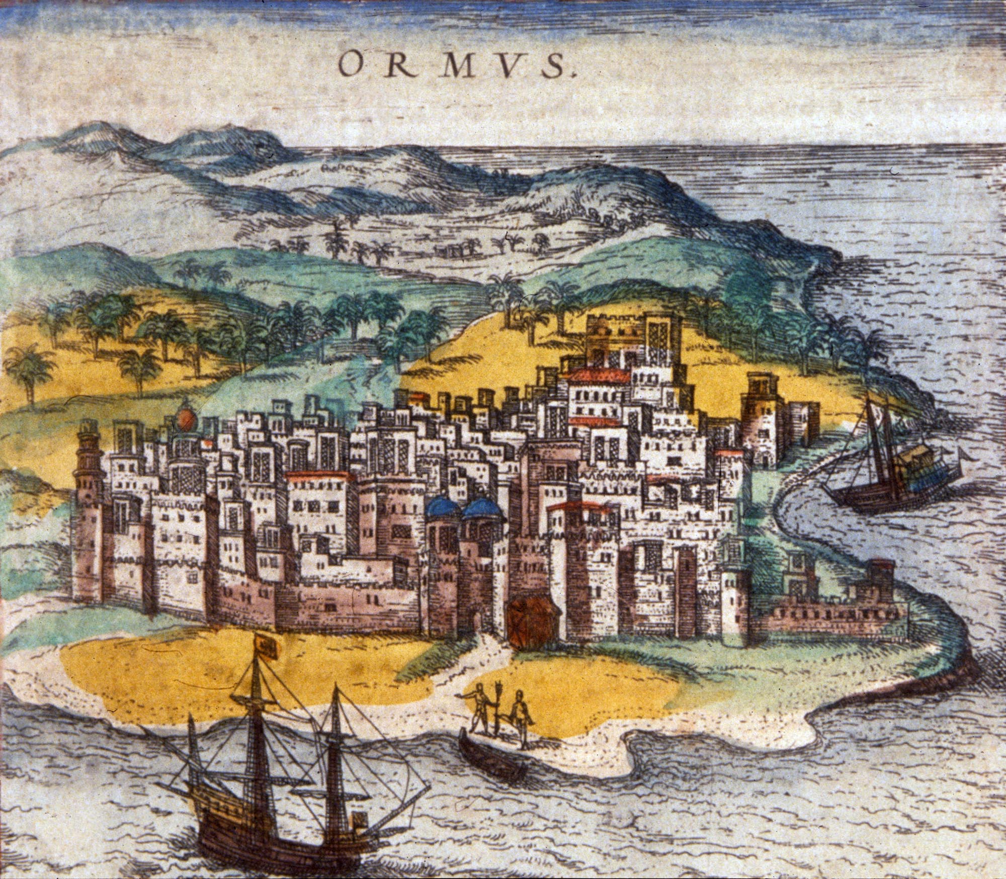 A painting titled "OR MVS." depicting a fortified city on an island, Ormuz, in the Persian Gulf. The city is densely built with numerous structures, including what appear to be castles or large buildings with towers and domes. Two large sailing ships are visible in the surrounding water and hills and palm trees are visible in the background behind the city.