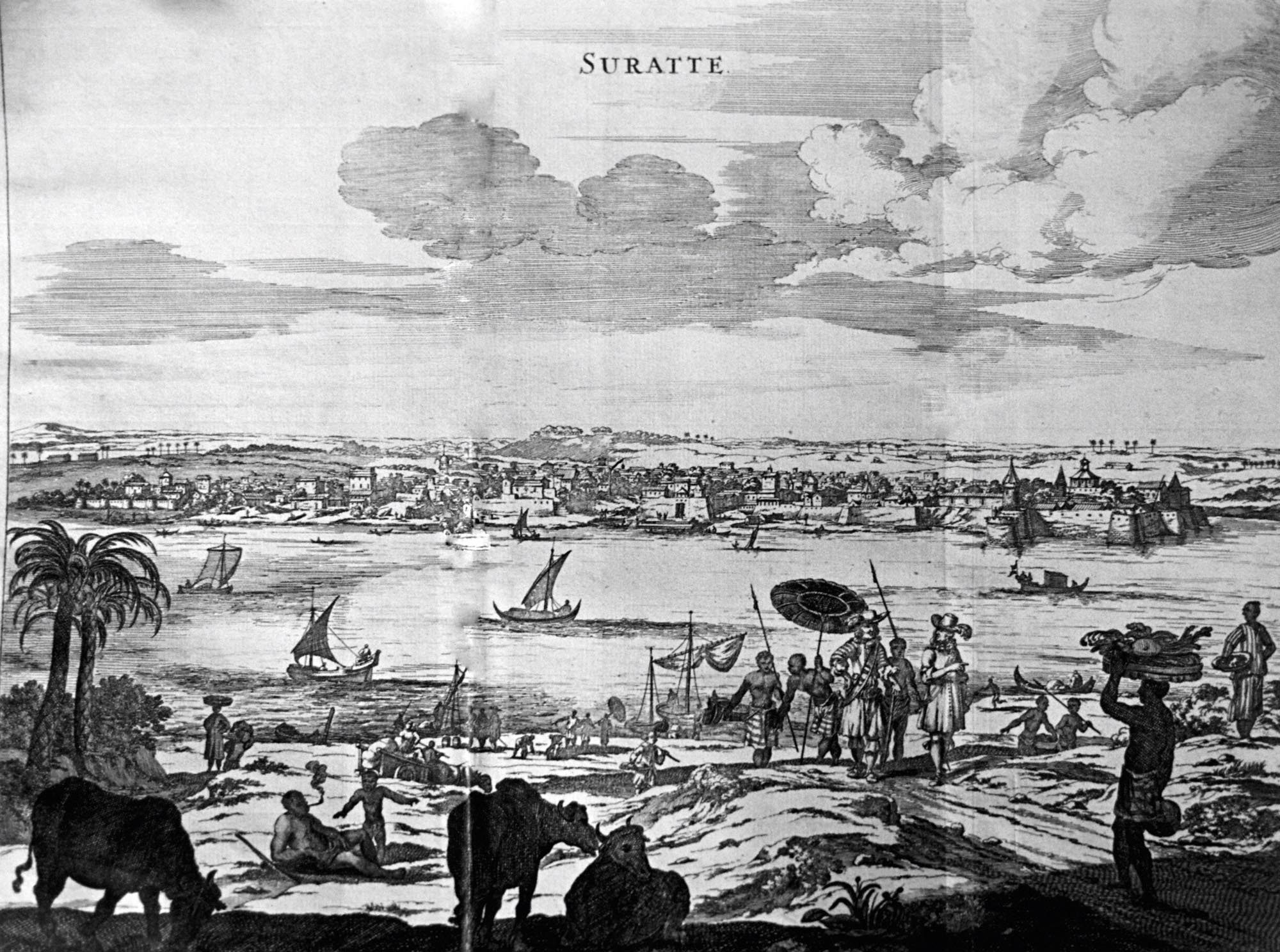 An illustration titled "Suratte" depicting a panoramic view of the Indian city of Surat. The foreground shows various figures, animals (including cattle), and a river filled with boats. The background features the city's architecture and landscape under a cloudy sky.