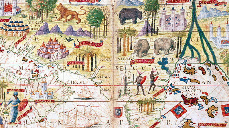 A richly illustrated, hand-colored map from the Miller Atlas, c1519, depicting the Indian Ocean, Persian Gulf, India, and North Africa. The map is embellished with illustrations of mythical creatures, ships, towns, and geographical features.