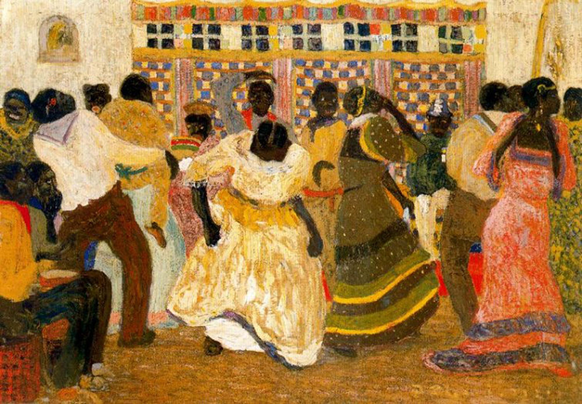 A vibrant and colorful painting titled "Candombe", depicting a group of Afro-Uruguayan individuals dancing and celebrating.