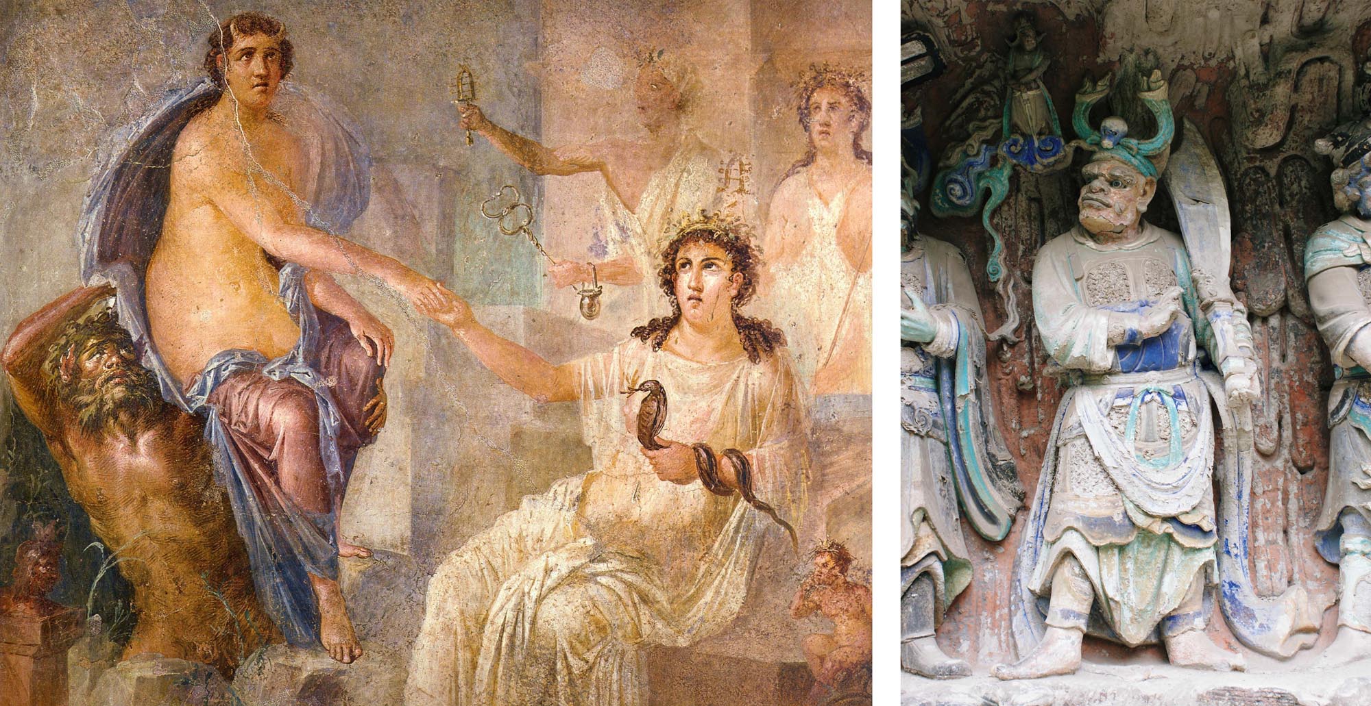 On the left, a classical painting depicting a seated woman with a snake, interacting with a semi-nude figure on a lion-like creature. On the right, a vibrant, multi-colored stone carving of a standing, armored figure with an elaborate headdress, flanked by other carved figures.