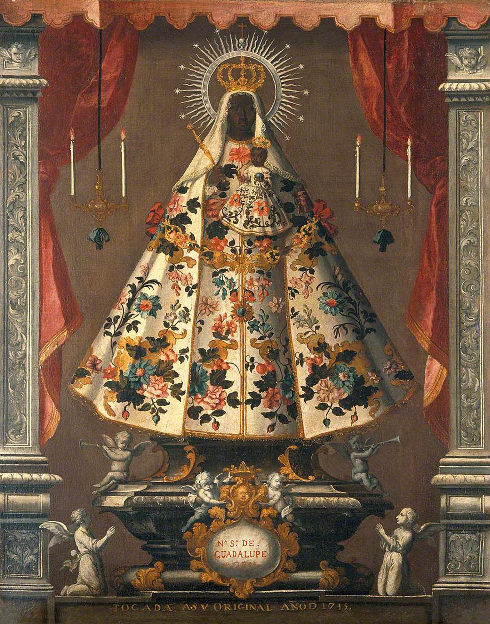 A painting depicting Our Lady of Guadalupe as a Black Madonna, crowned and holding the Christ Child, standing on an ornate pedestal flanked by columns and curtains, with angels kneeling at the base.