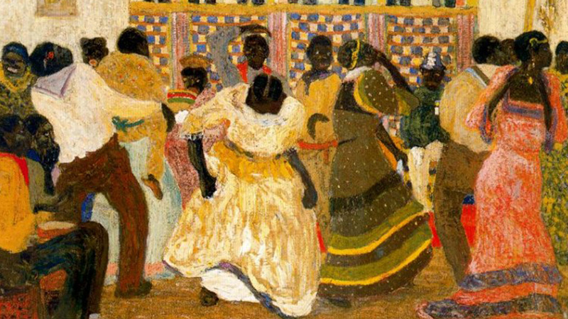 A vibrant and colorful painting titled "Candombe", depicting a group of Afro-Uruguayan individuals dancing and celebrating.