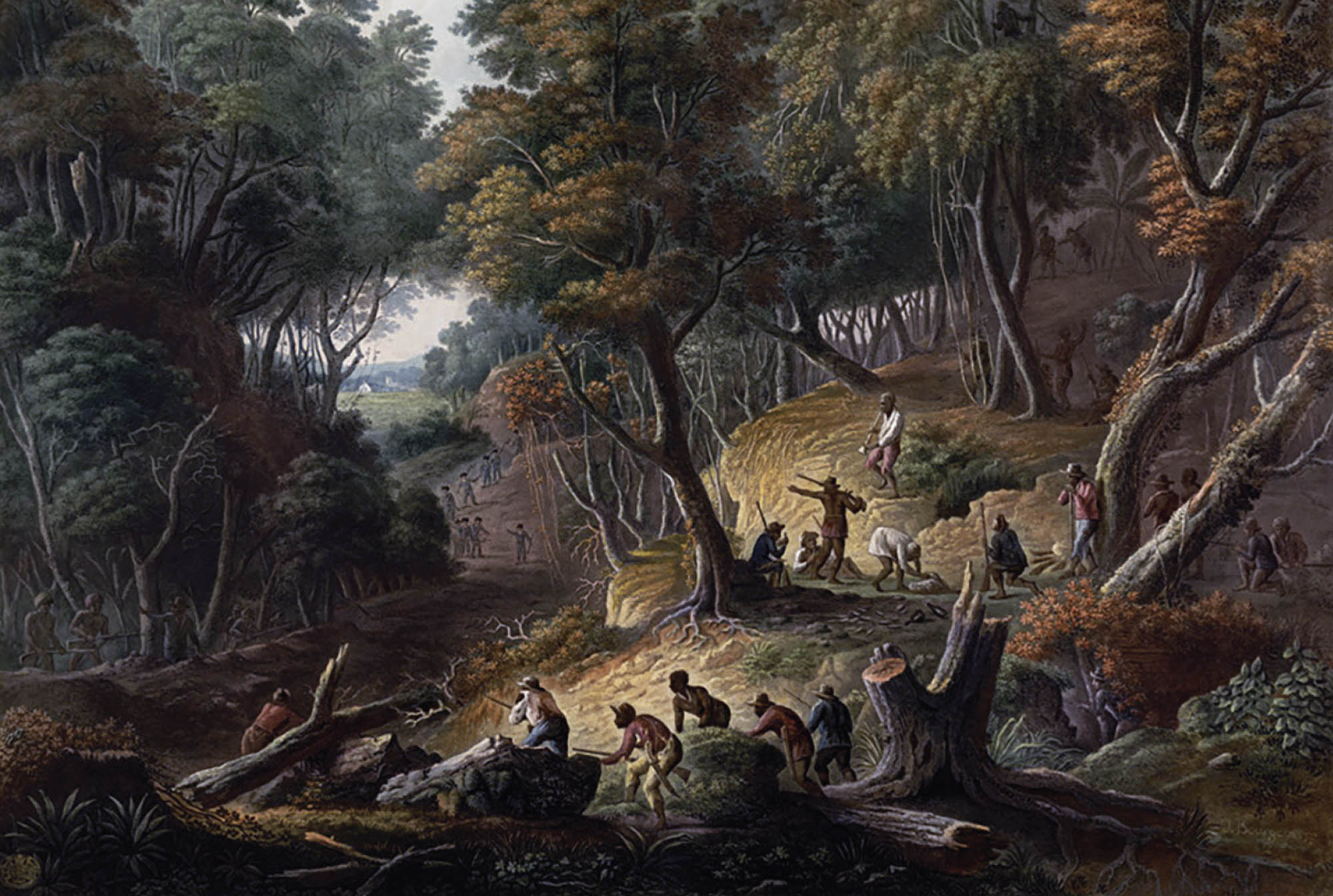 An illustration of a marooned group of people in the forest. People are scattered in the dark forest.