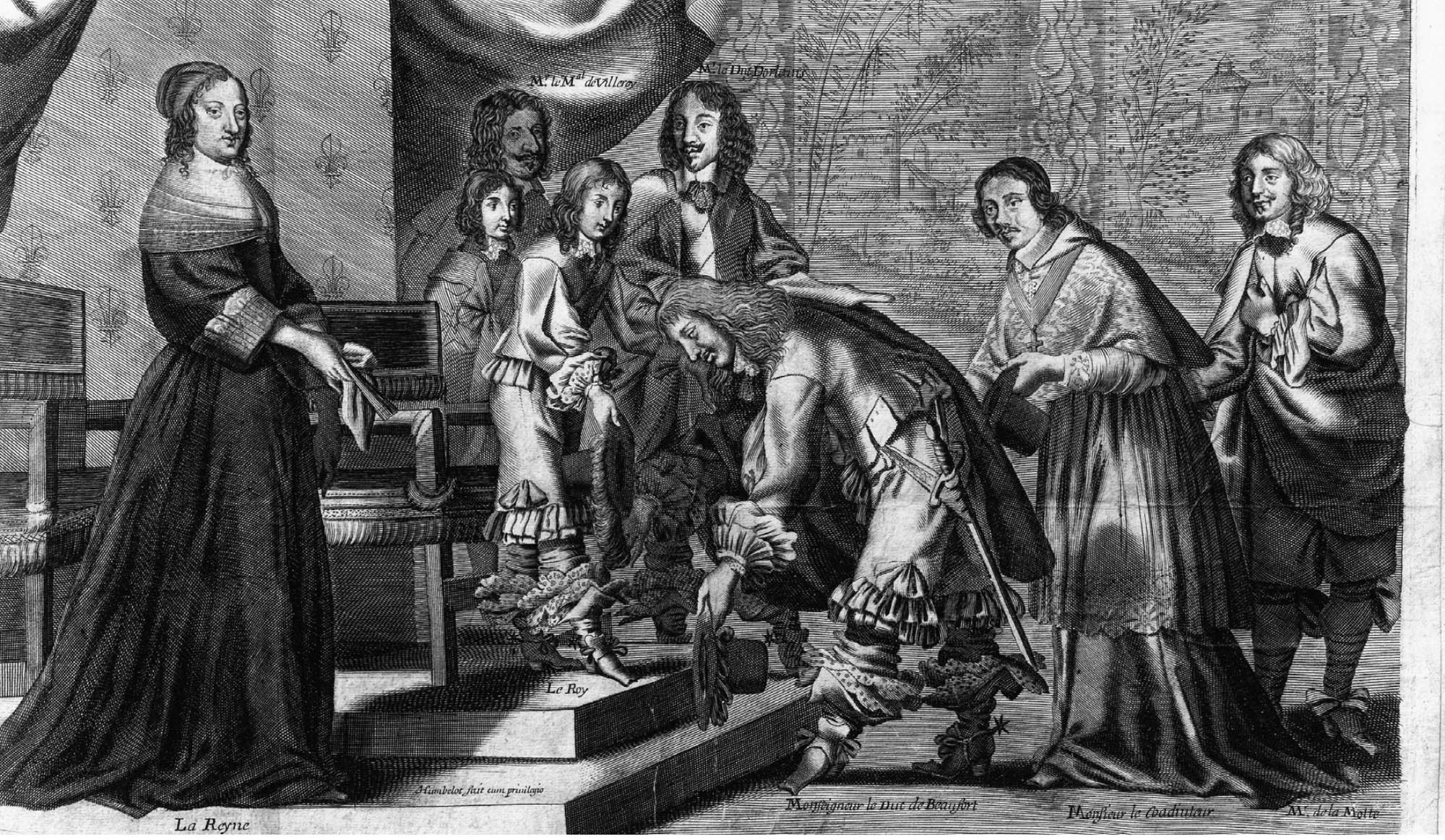 A black and white illustration of French nobles bowing to the child King Louis XIV. Then nobles are on the right, the King on the left. Behind the King is a group of three men. In front of the Kind is a woman.