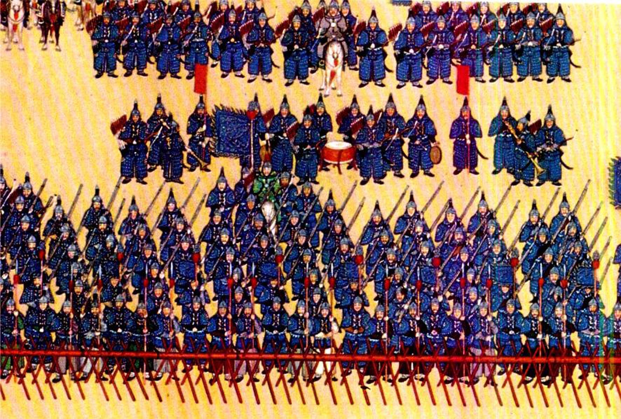 A detailed painting depicting a formation of soldiers from the Qing Dynasty dressed in blue and black armor with conical hats, some holding long polearms, with a central figure on horseback.
