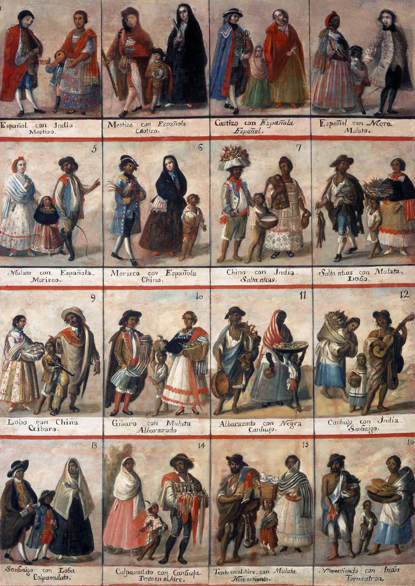 An 18th-century casta painting depicting the complex racial hierarchy of colonial New Spain. The painting is divided into numerous panels, each illustrating a different racial mixing (casta) and its designated social position within the colonial system. For example, panels show pairings such as "Español con India. Mestizo" (Spaniard with Indigenous person, results in Mestizo) and other combinations involving Spanish, Indigenous, and African ancestries, visually demonstrating the perceived social stratification of the time.
